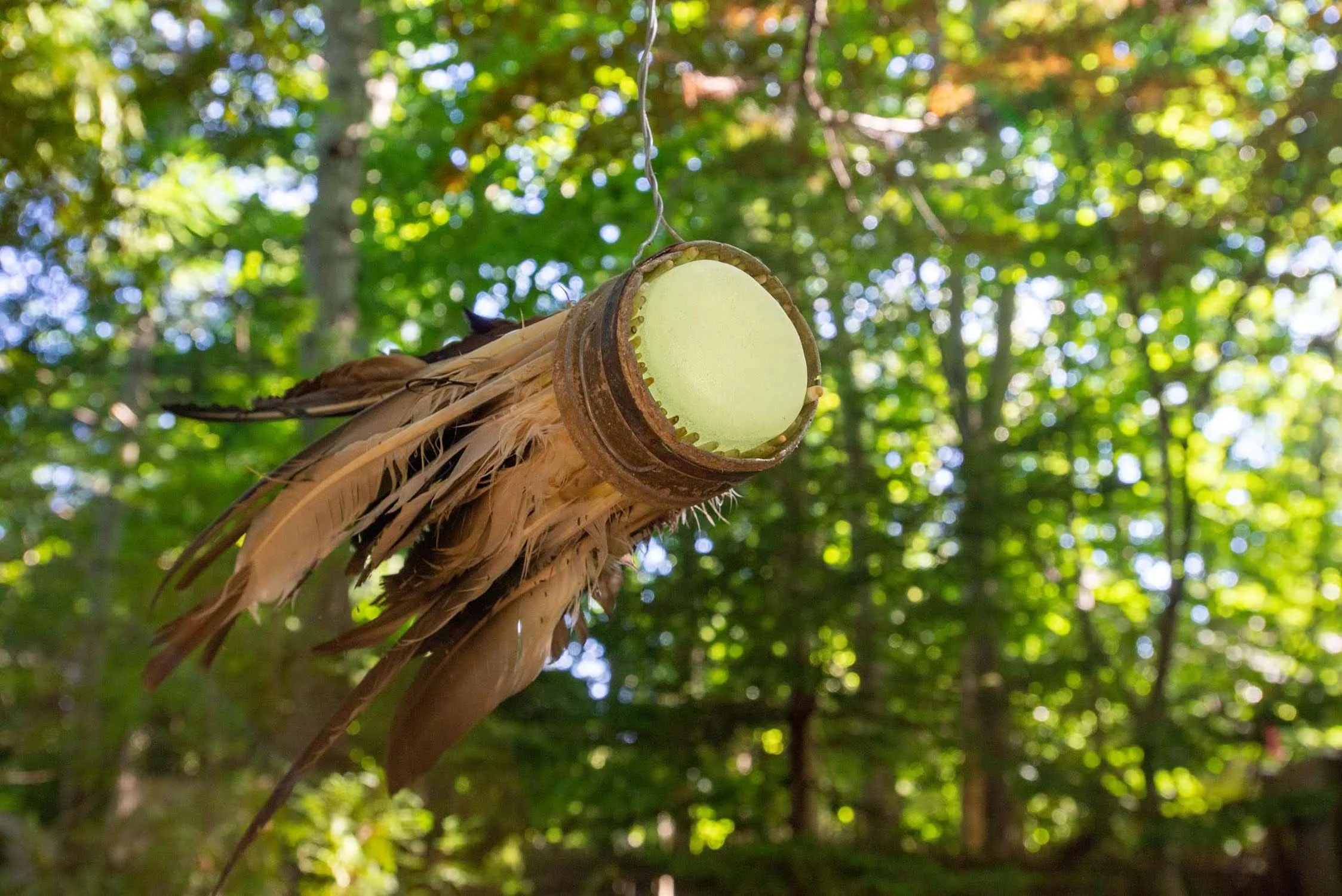 Birdhouse made of natural materials hanging in a wooded area, with green trees and sunlight in the background.