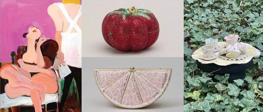 image of painting with woman on chair with a cigarette, a tomato purse, a melon purse, and tea set in the garden