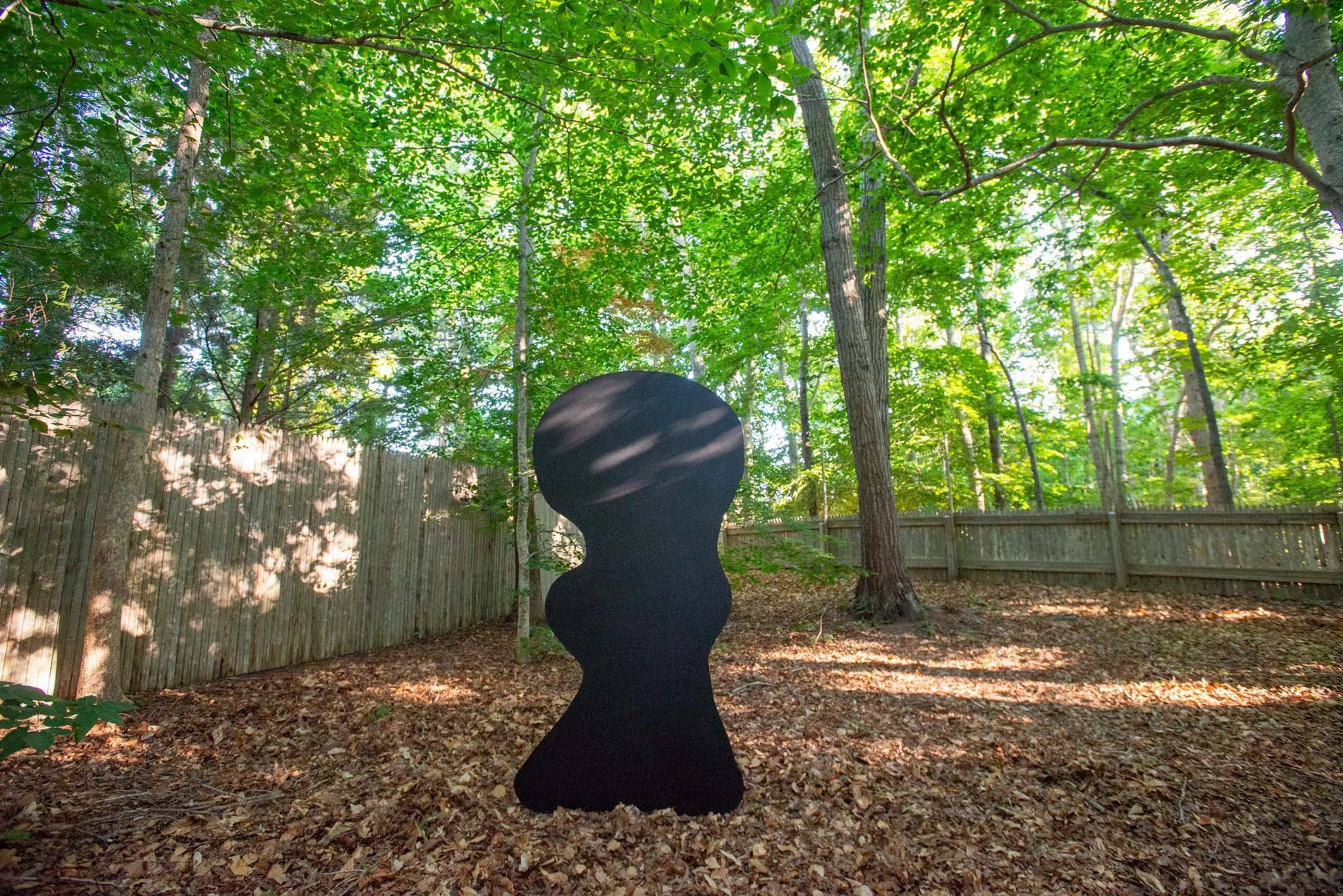 A black abstract sculpture in a wooded backyard.