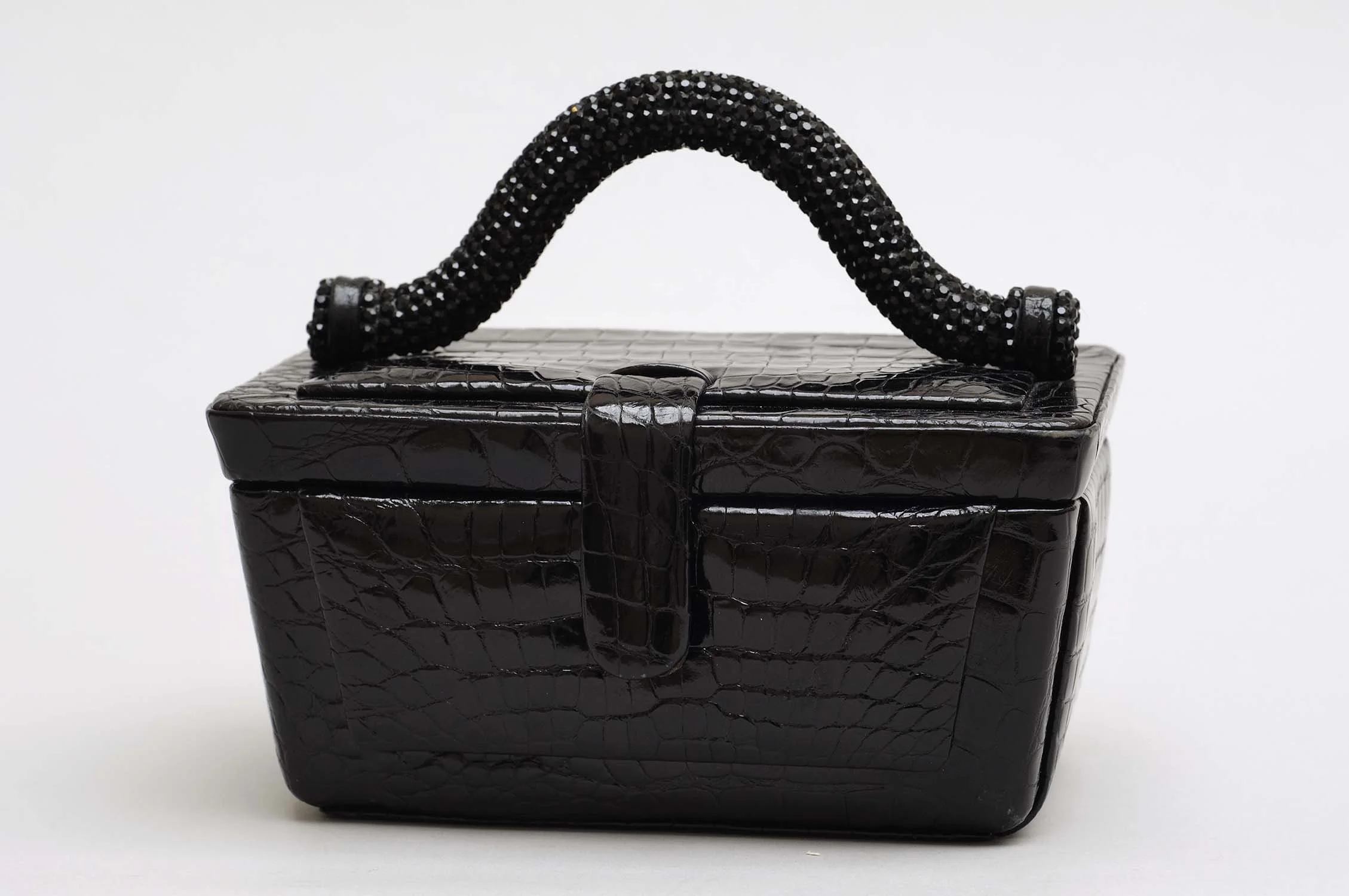 Black Alligator Box with Rigid Black Rhinestone Handle, 1970’s