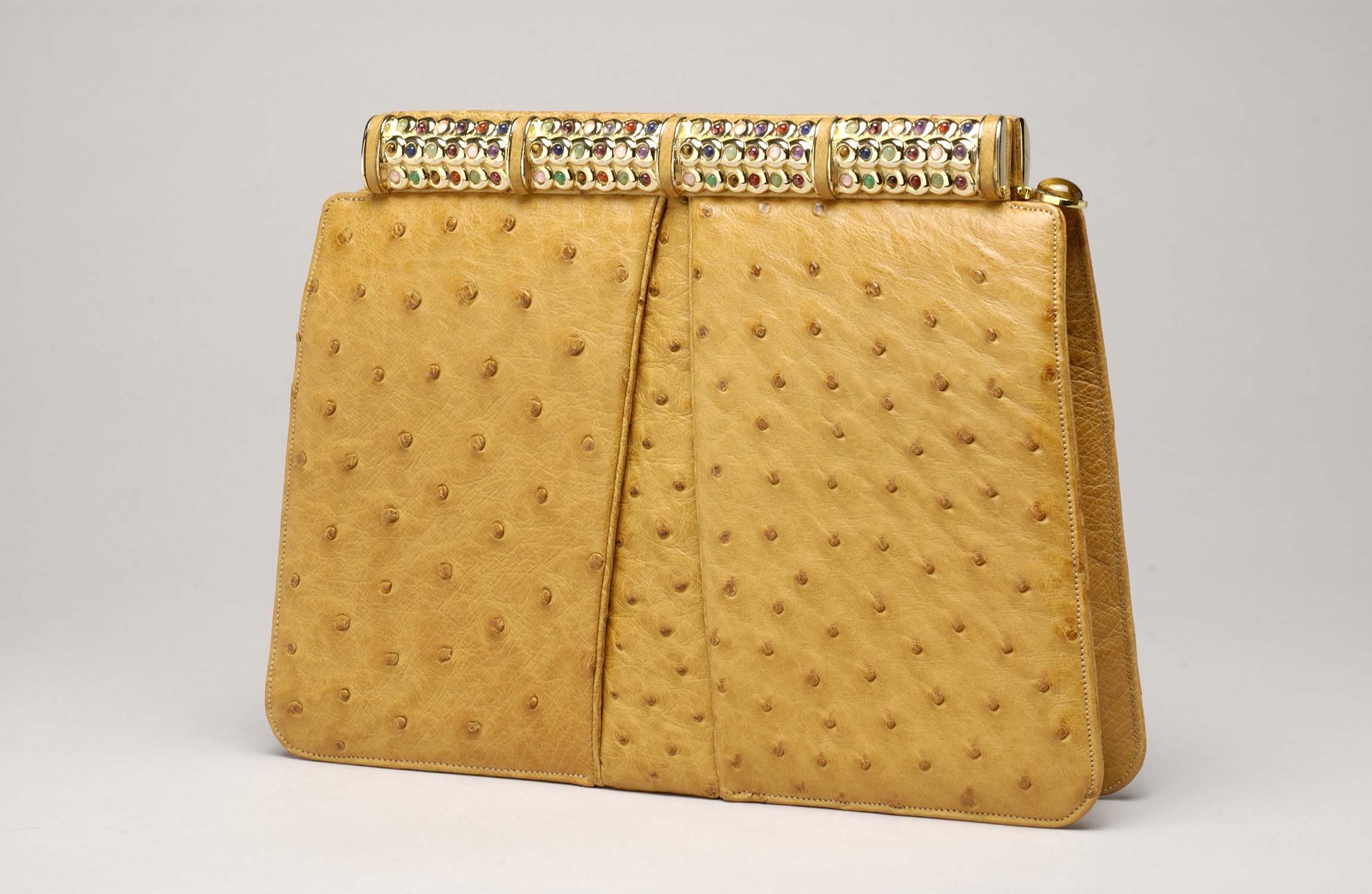 Orange Pleated Ostrich Bag with Multi-stones on Frame, 1982