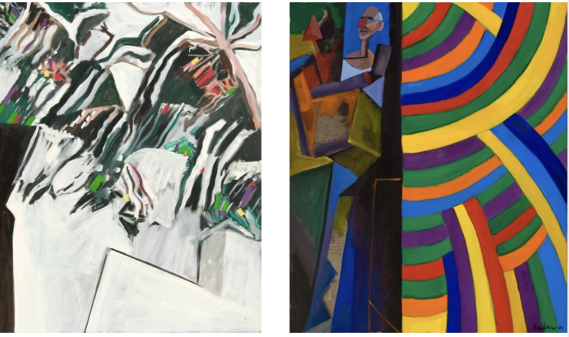 Two abstract paintings displayed side by side. The left painting depicts a snowy scene with trees, using white, black, and green strokes. The right painting features a colorful geometric composition with a figure in a chair and vibrant swirling lines.