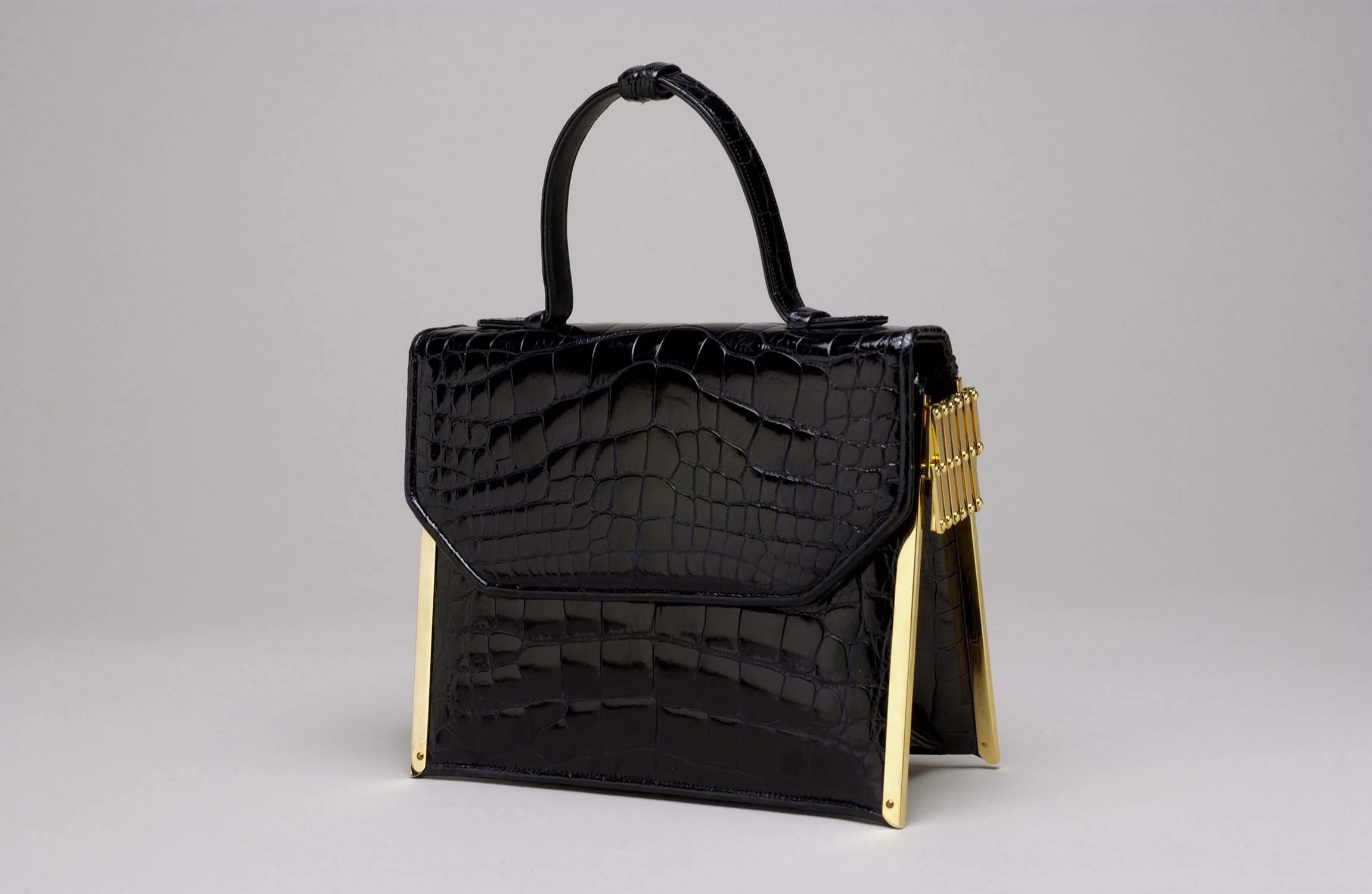 Navy Alligator Bag with Gold Scissor Frame & Top Handle, 1985