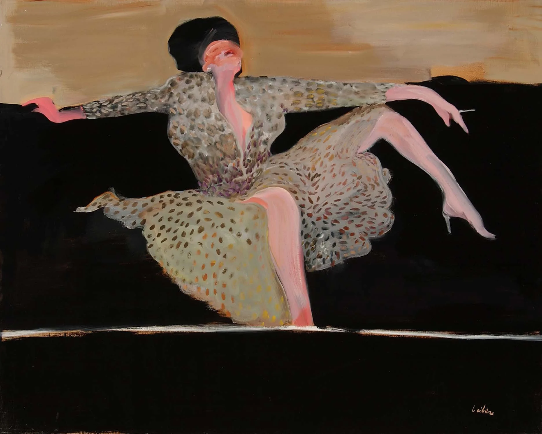 A painting by Gerson Leiber of a woman sitting on a dark surface, wearing a leopard print dress, with her arms outstretched and her head resting on her shoulder, set against a warm background.