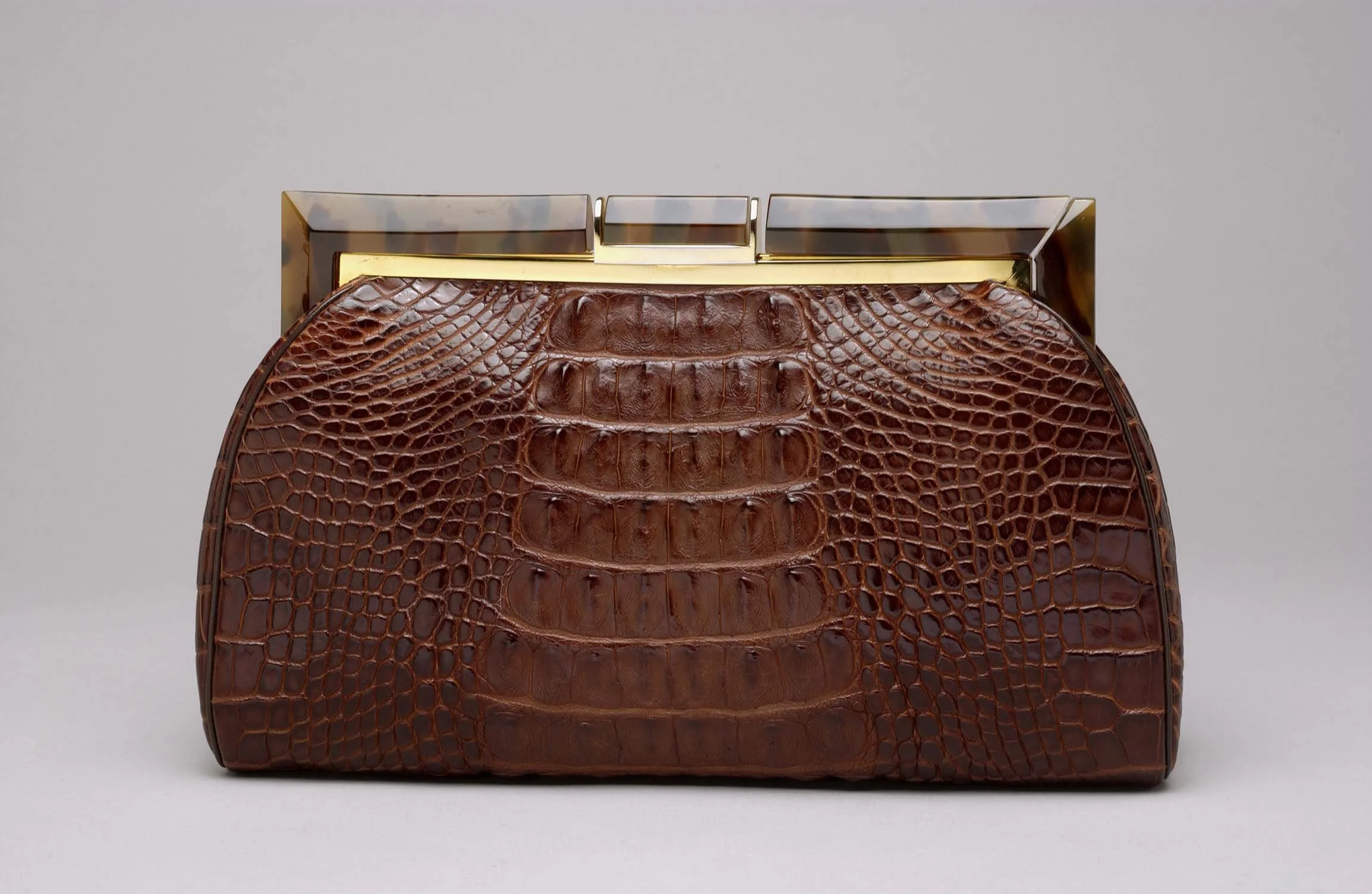Brown Alligator Frame Bag with Gold & Tortoise Handle, 1989