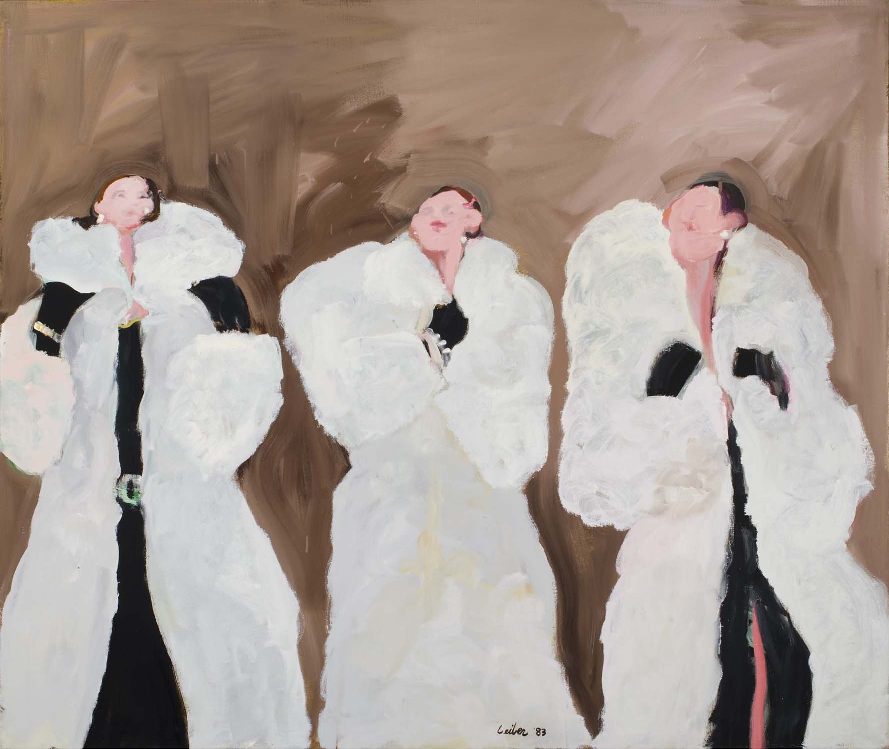 Gerson Leiber Painting - three woman with big white coats and black gloves