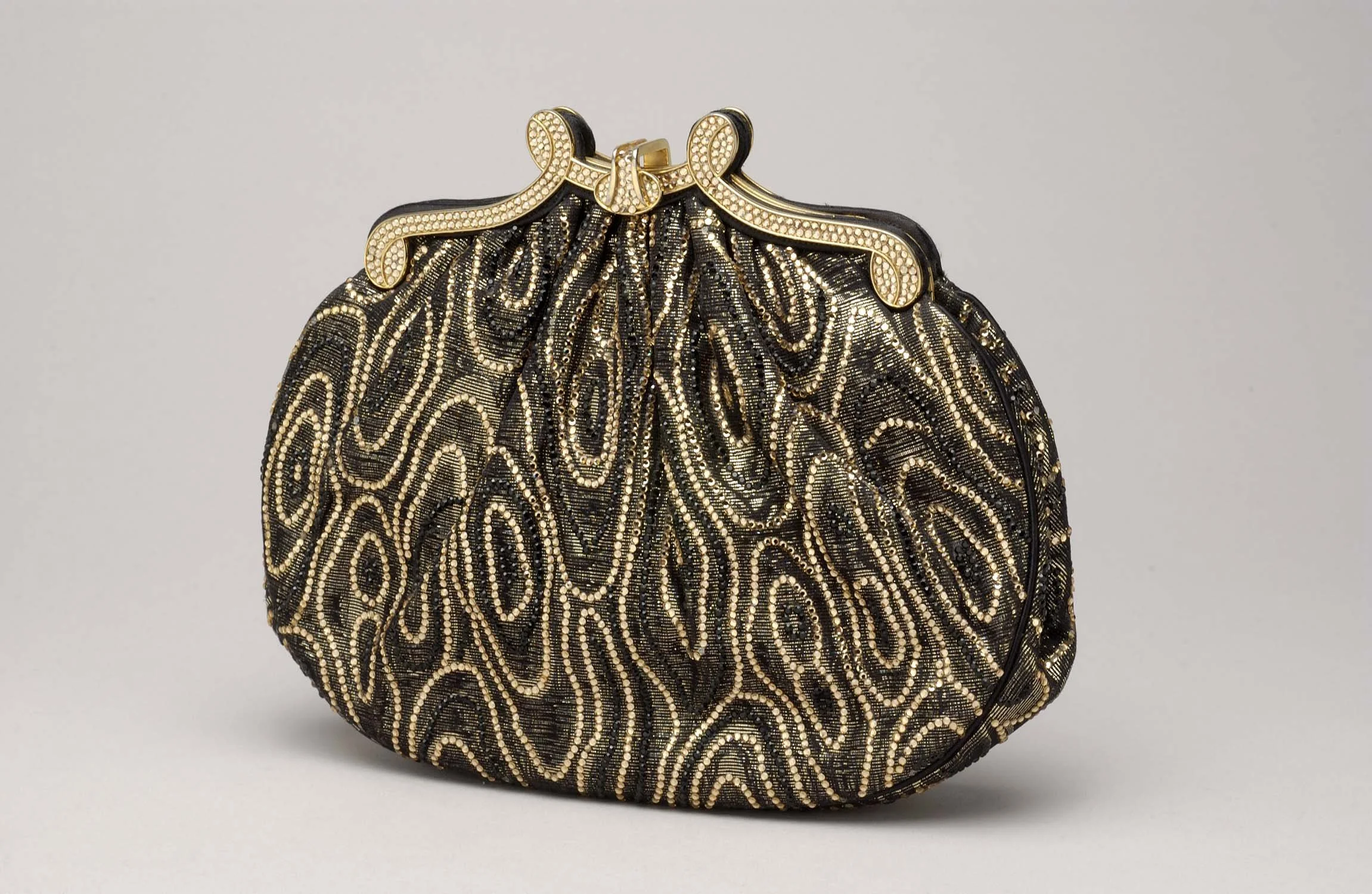 Black Obi Fabric Re-Embroidered with Gold Rhinestones & Decorative Frame, 1989