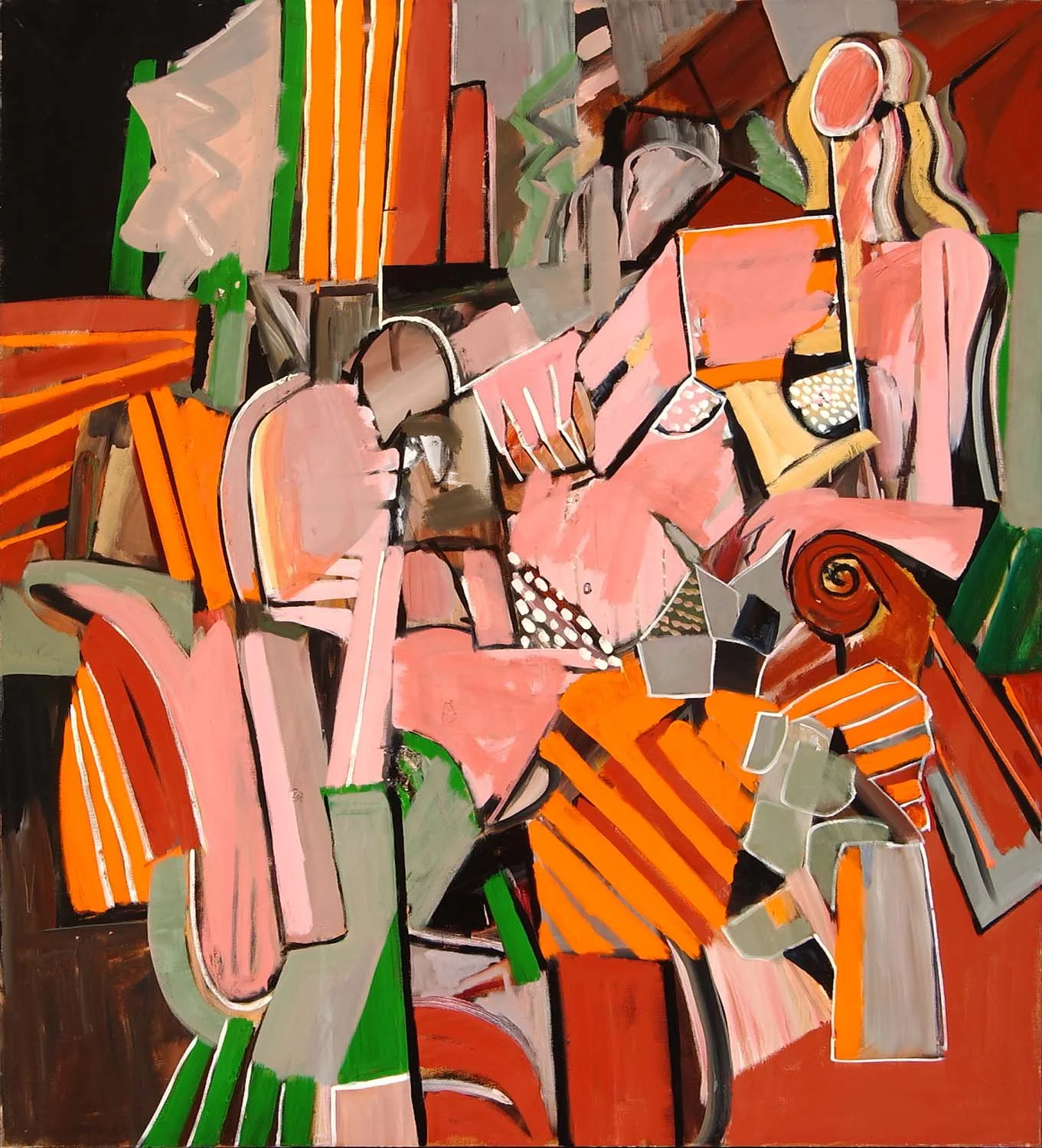 Abstract painting by Gerson Leiber with fragmented shapes and bold colors including pink, orange, green, and black.