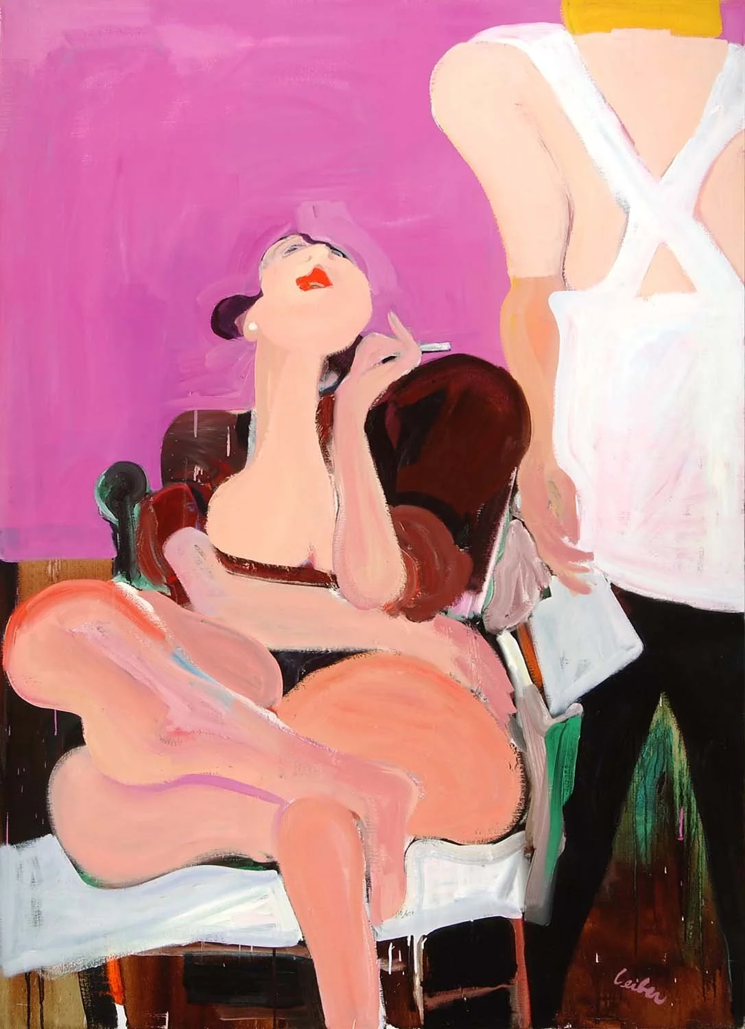 A painting of a woman sitting on a chair with her legs crossed, wearing a peach-colored dress, smoking a cigarette. Another woman, standing next to her, partially visible, wearing a white apron and a yellow top, with a pink background.