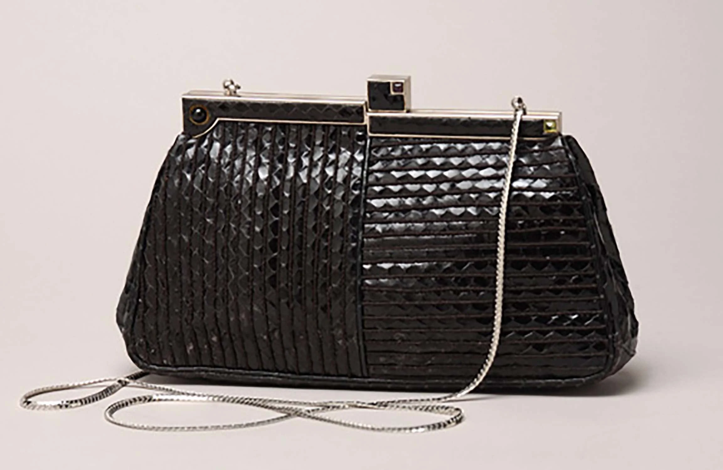 Black Quilted Whipsnake Frame Bag with Stone & Silver Frame & Lock, 1981