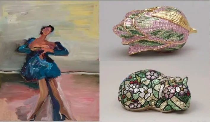 A painting of a woman in a blue dress on the left side, and two decorative clutches decorated with colorful rhinestones on the right side.