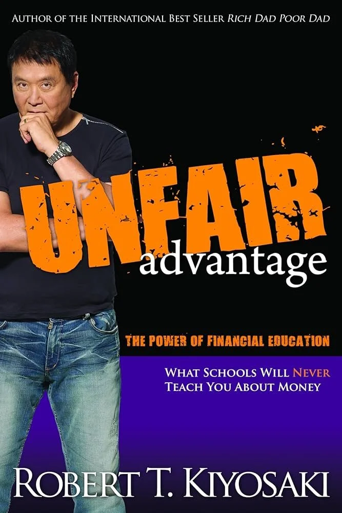 Book cover for 'Unfair Advantage' by Robert T. Kiyosaki, featuring a man with short black hair wearing a black T-shirt and jeans, with text highlighting the book's title, subtitle, and author's name against a black and purple background.