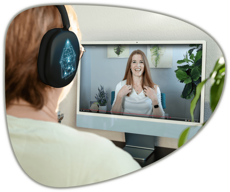 Client wearing headphones during an online hypnotherapy session by video call