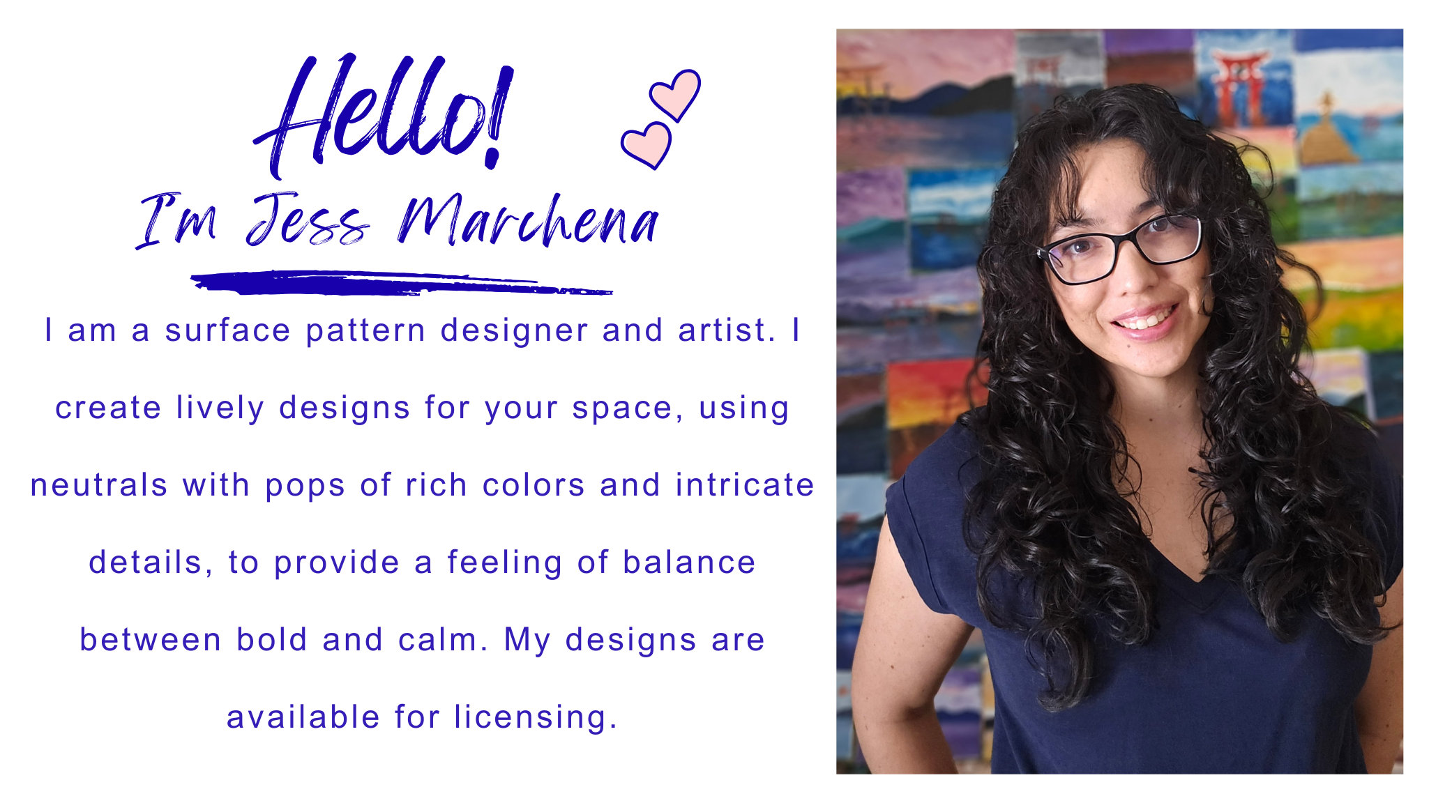 Introduction slide with a portrait of a woman with curly dark hair and glasses, standing in front of an abstract colorful painting, with the text 'Hello! I'm Jess Marchena' and a description of her as a surface pattern designer and artist.