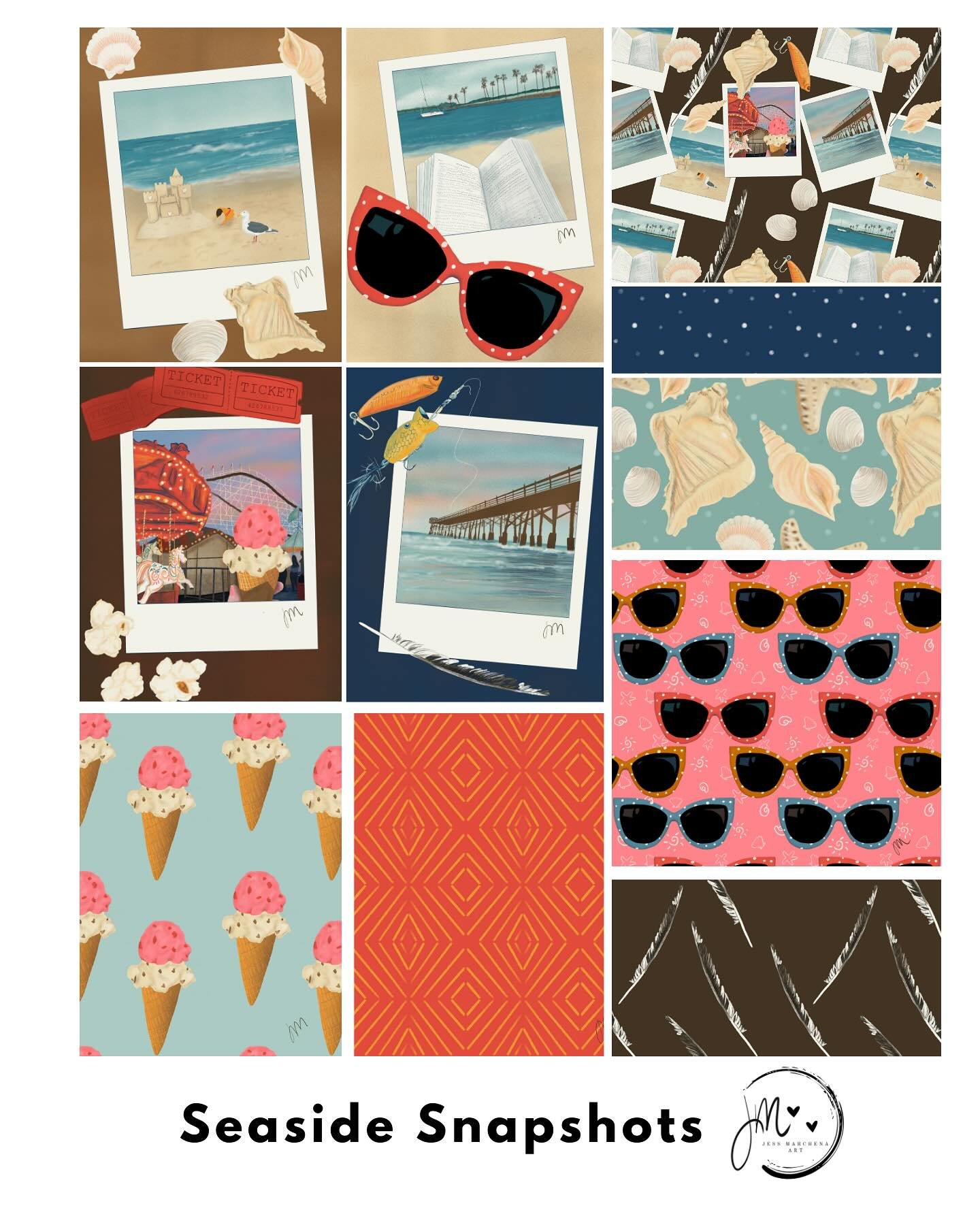 New collection complete! &ldquo;Seaside Snapshots&rdquo; was a labor of love as I continued learning A LOT more about designing with a full collection in mind. My four hero &ldquo;snapshots&rdquo; were inspired by our trip to San Diego and my girls f