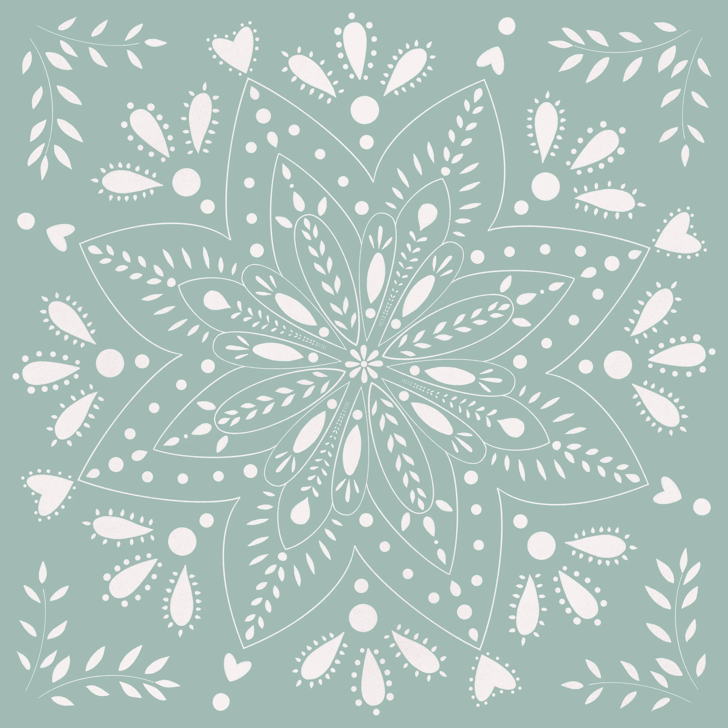A white decorative snowflake pattern on a light teal background with floral and leaf motifs.