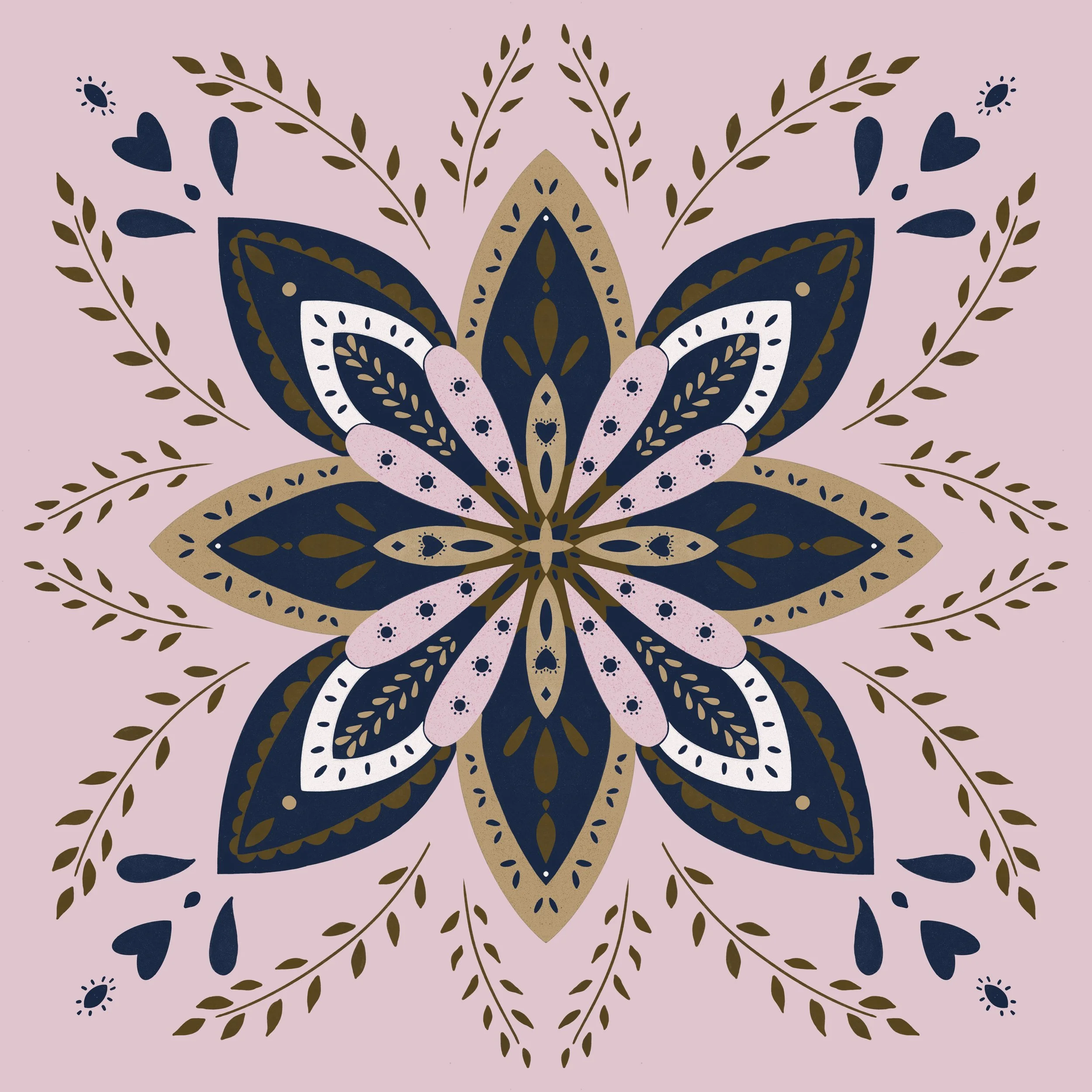 A symmetrical floral mandala design with navy blue, blush pink, gold, and white details on a pink background.