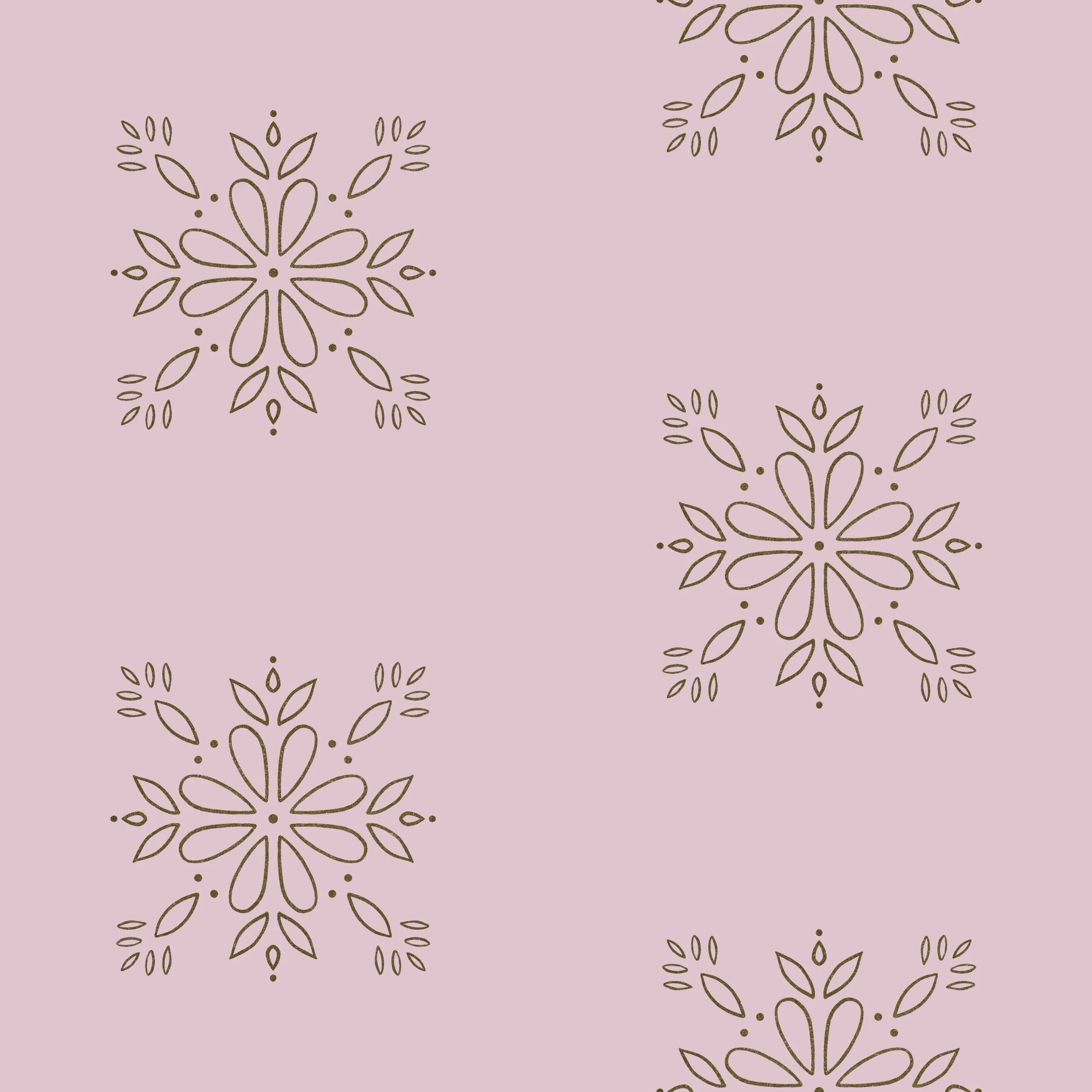 Pink background with brown floral snowflake patterns repeated across the surface.