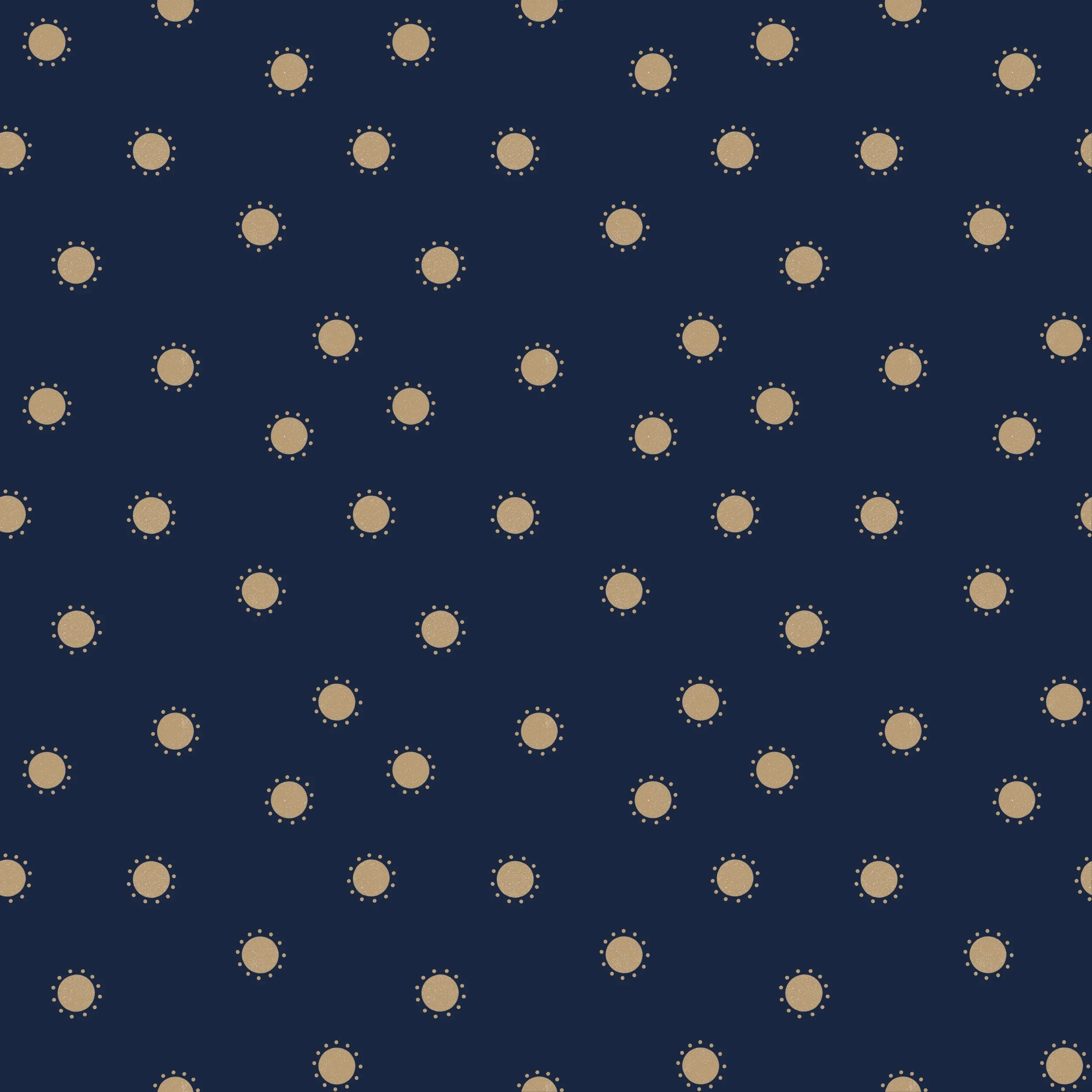Pattern of beige sun symbols with dotted borders on a navy blue background.