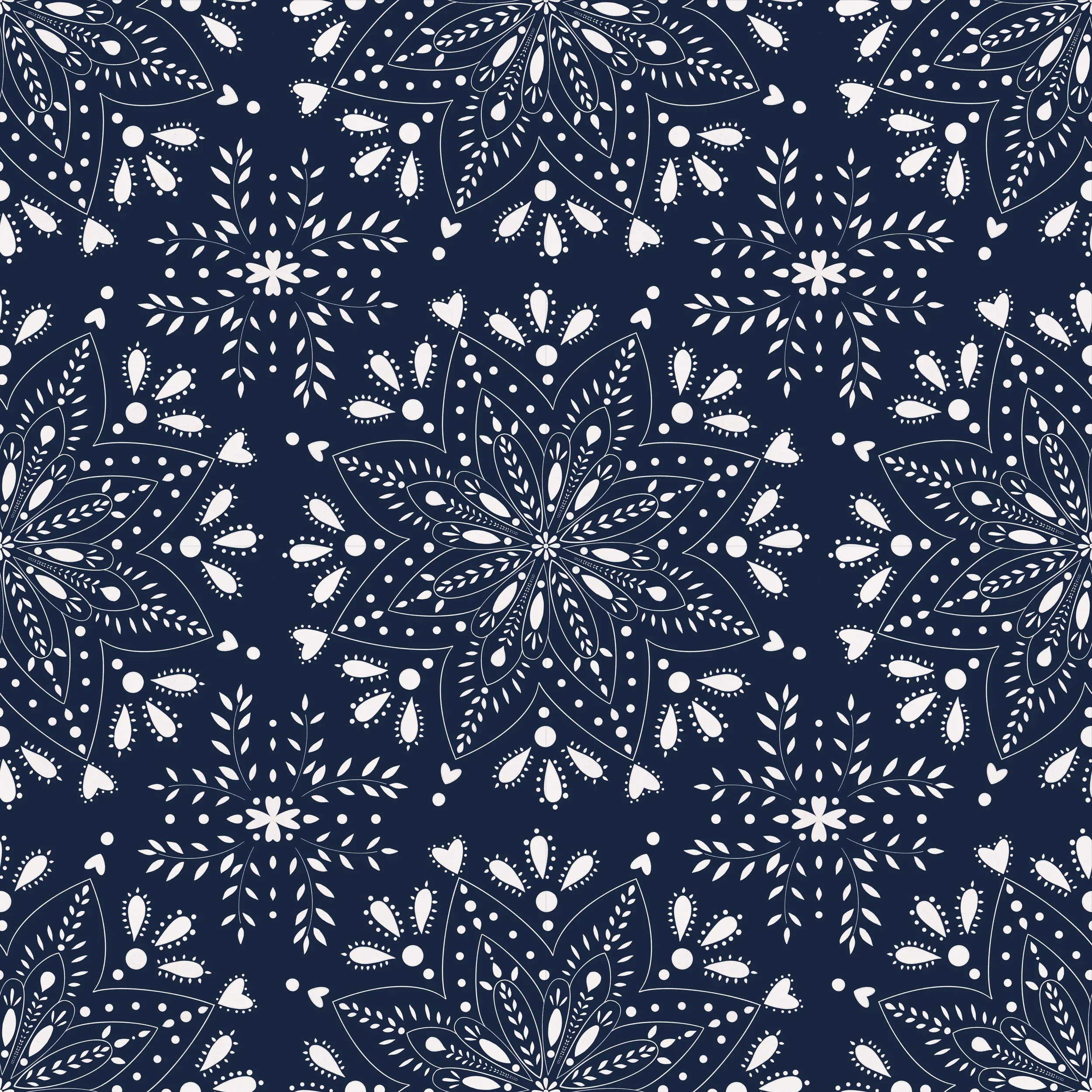 Pattern of white floral and leaf motifs on a dark blue background.
