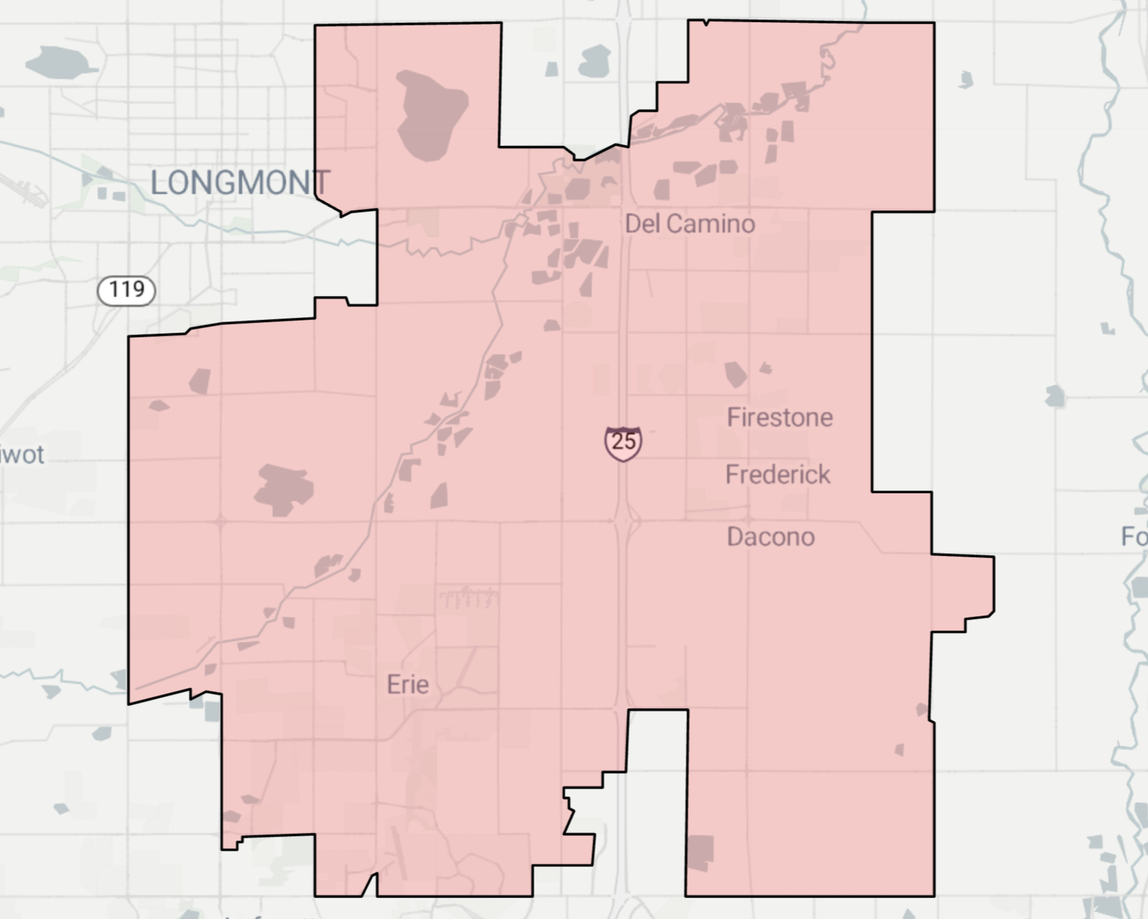 Map of Colorado House District 19 highlighted, showing a mix of suburban and rural areas including Longmont, Lafayette, Del Camino, Firestone, Frederick, Dacono, and Erie, with a major north-south roadway running through the district.