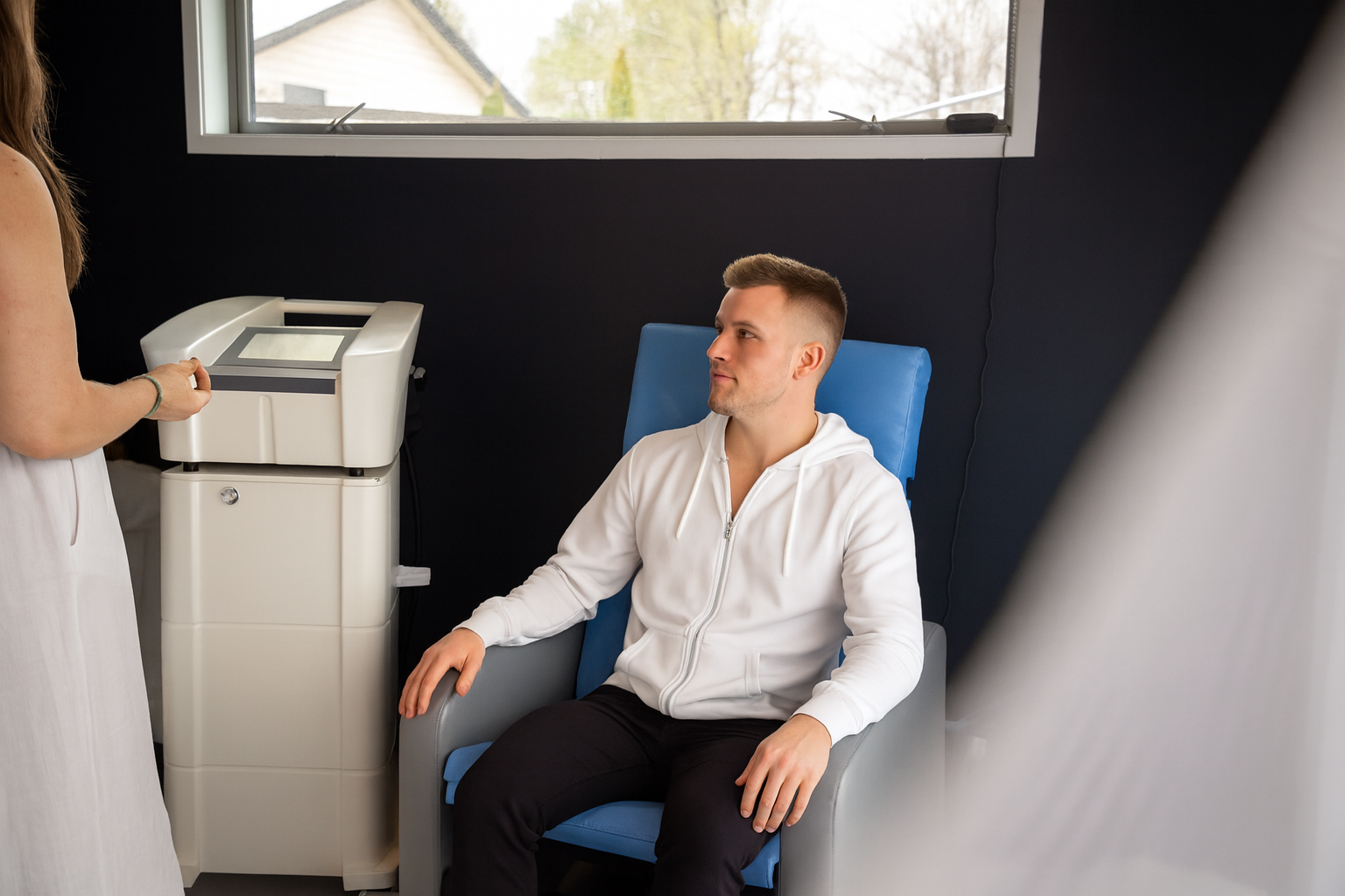 seated in the TESLAChair FMS technology strengthens the male pelvic floor
