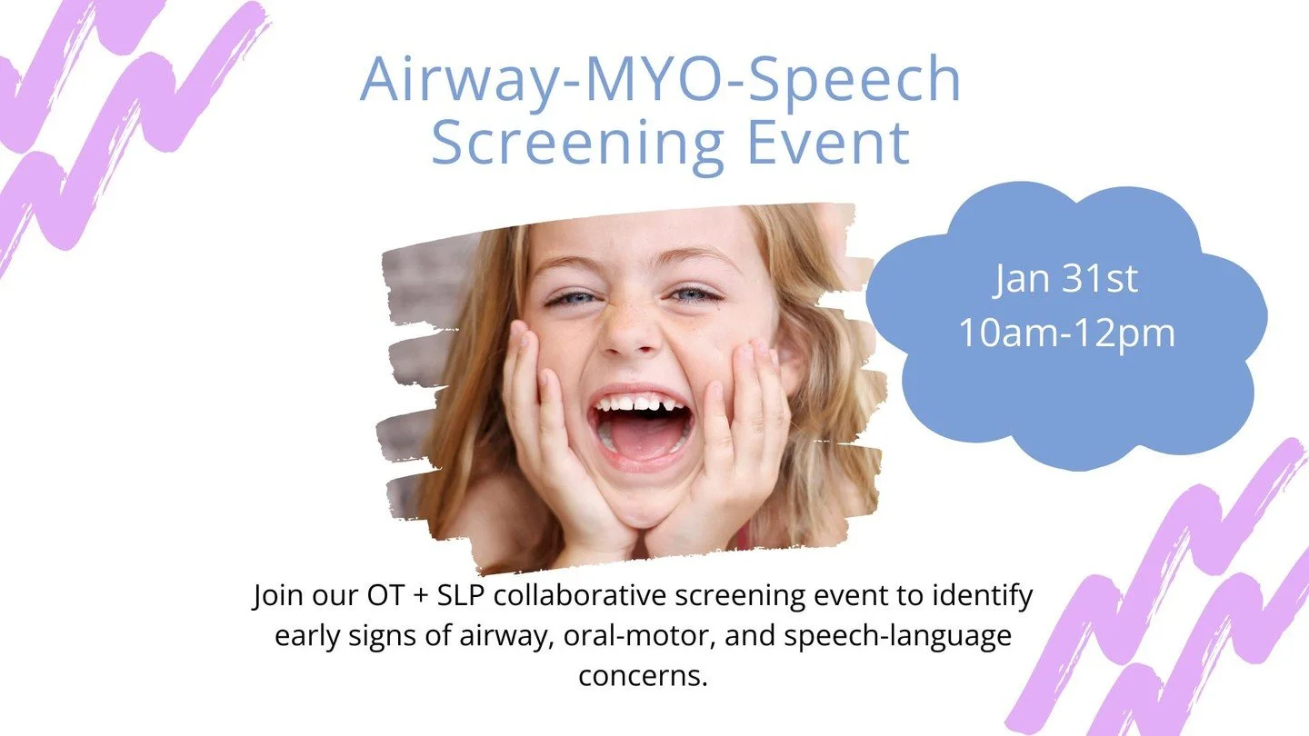 Excited to be collaborating with Kate Mootz, SLP to offer this next screening! 
 
Part 1: Occupational Therapy Screening
✔ Airway &amp; breathing patterns
✔ Oral posture &amp; myofunctional function
✔ Jaw, tongue, and oral motor development
✔ Red fla
