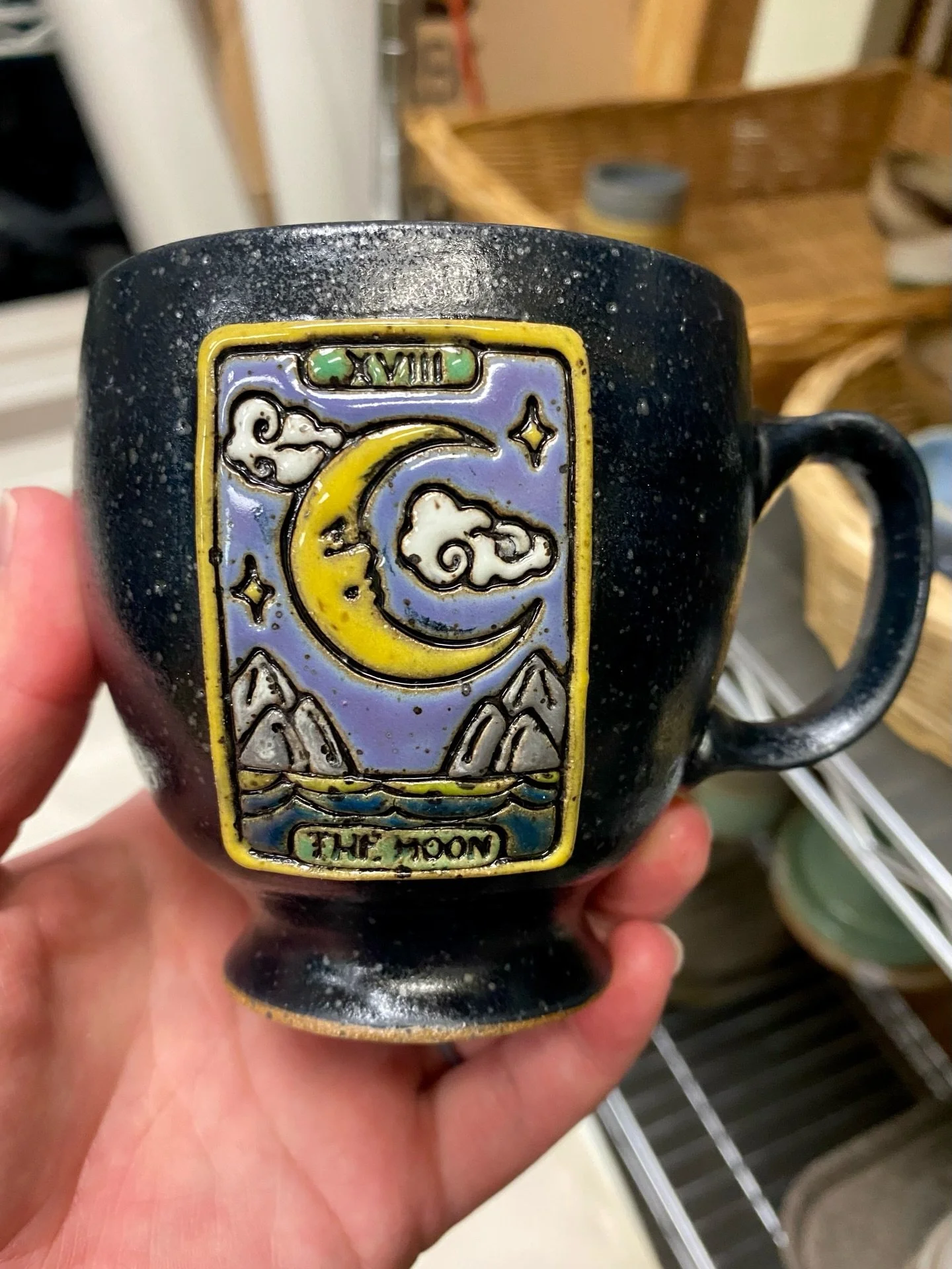 The Moon! 🌙 ✨ A student requested that we make ice cream sundae cups, which are easily turned into chalice mugs. And so here we have it! Used my new moon tarot card design on this one. I&rsquo;ll have only a few chalice mugs at the Witches Market! #