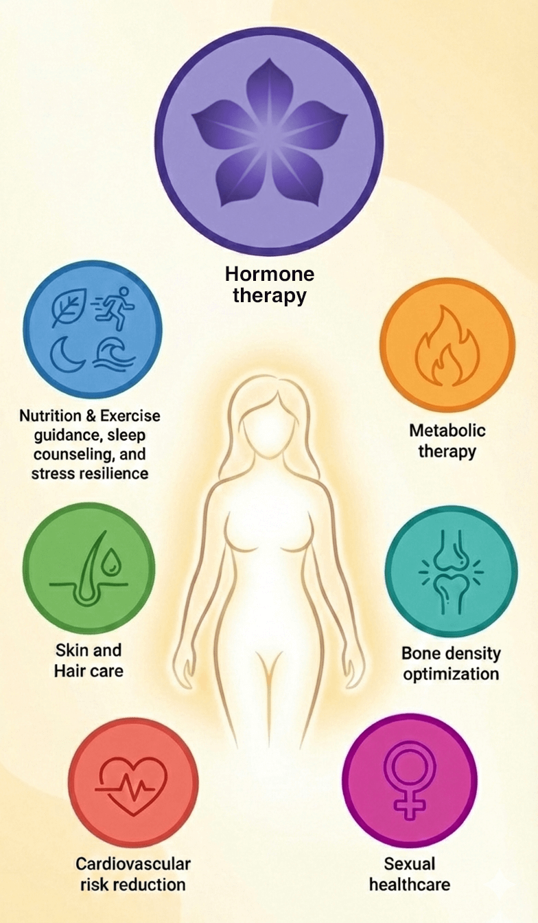 A diagram illustrating the benefits of hormone replacement therapy (HRT) and BHRT for treating hot flashes, night sweats, and vaginal discomfort in Boulder.
