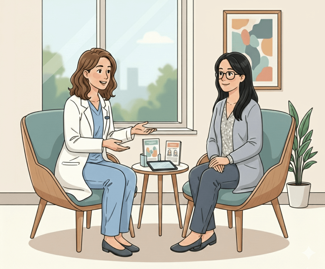 A Menopause Society Certified Practitioner (MSCP) in Boulder helping a patient manage perimenopause weight gain and hormone health.