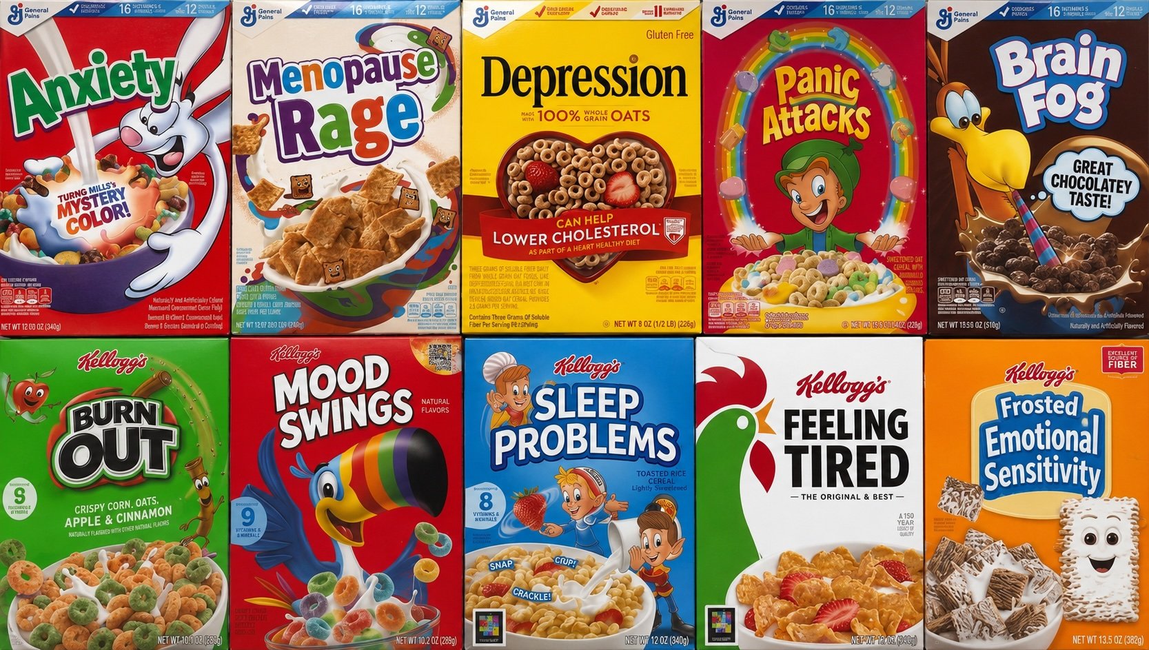 A creative display of cereal boxes designed with custom labels showing perimenopause mental health symptoms, including anxiety, brain fog, mood swings, and insomnia.