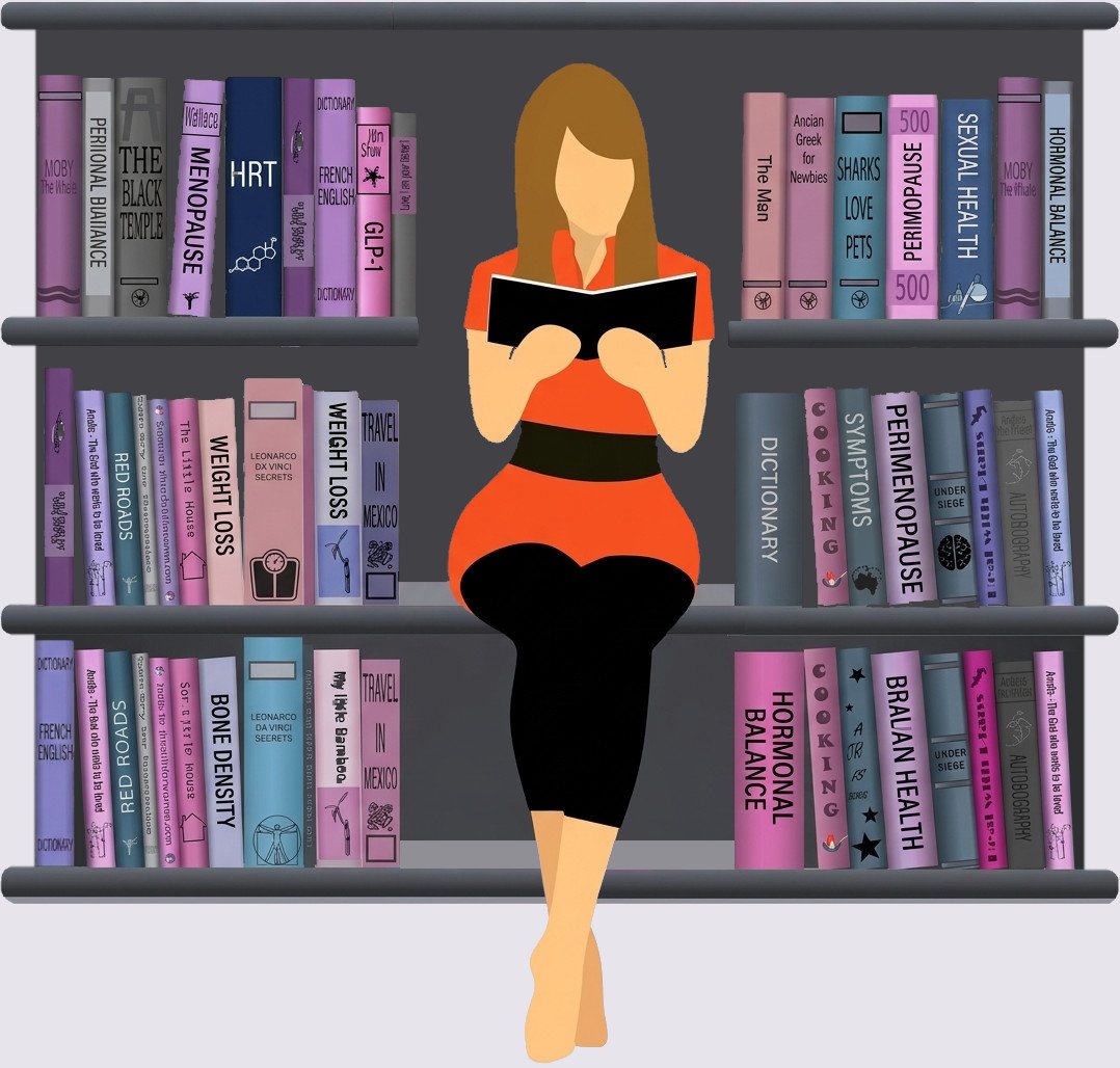 A woman reading a health guide about menopause and medical weight loss resources at Radiant Health for Women in Boulder.