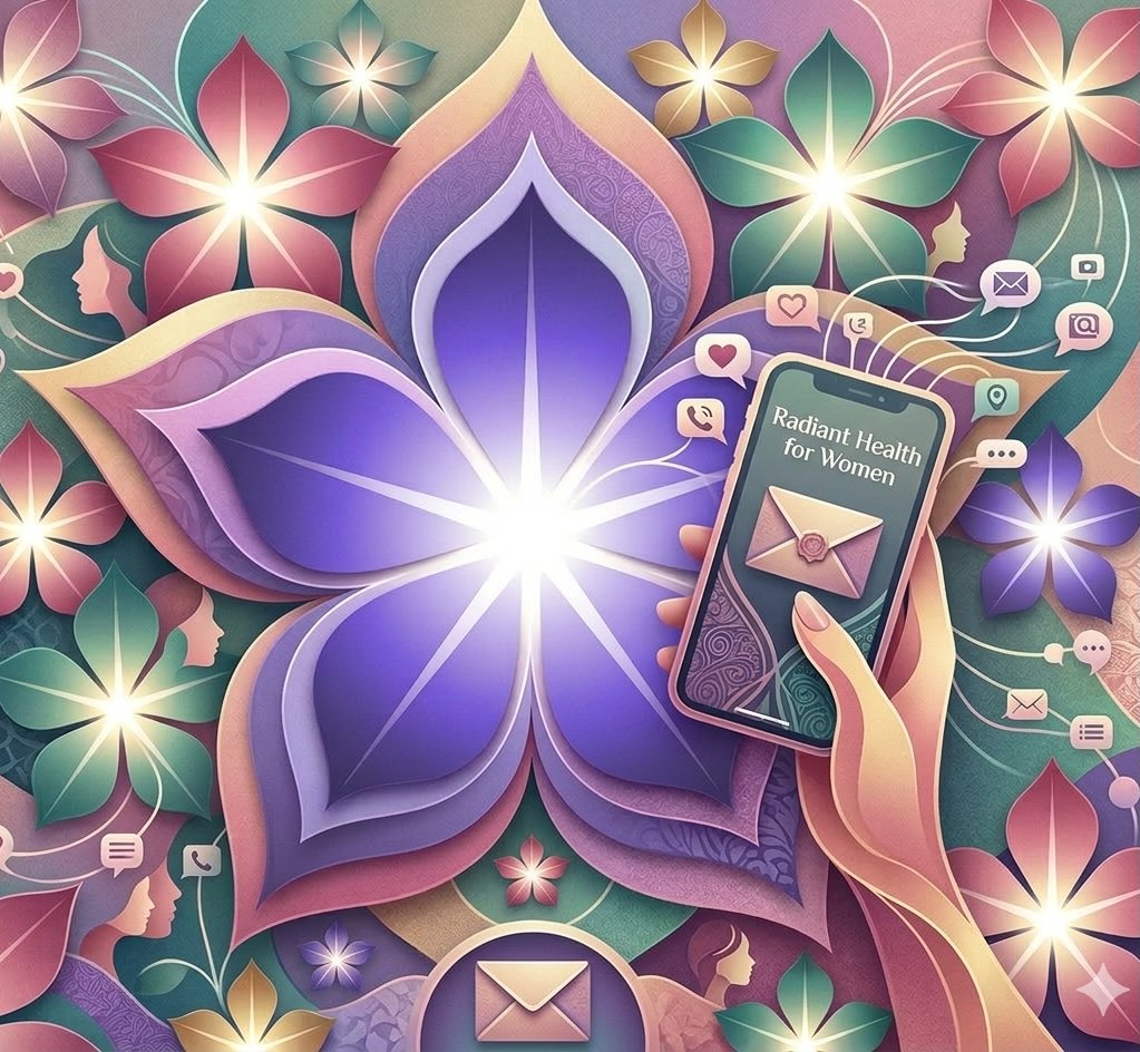 Graphic of Radiant Health for Women logo with a phone displaying email and contact options for Kari Waddell, MSCP, menopause specialist in Boulder, CO.