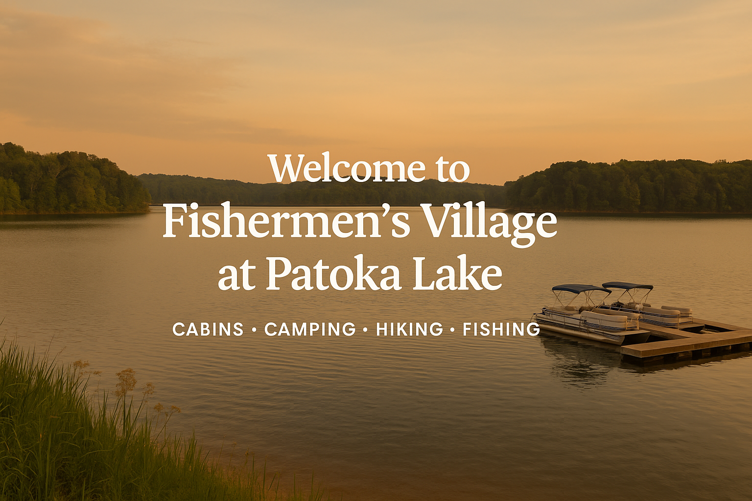 A serene lake scene at sunset with a dock and boats, surrounded by trees, with promotional text for Fishmen's Village at Patoka Lake.