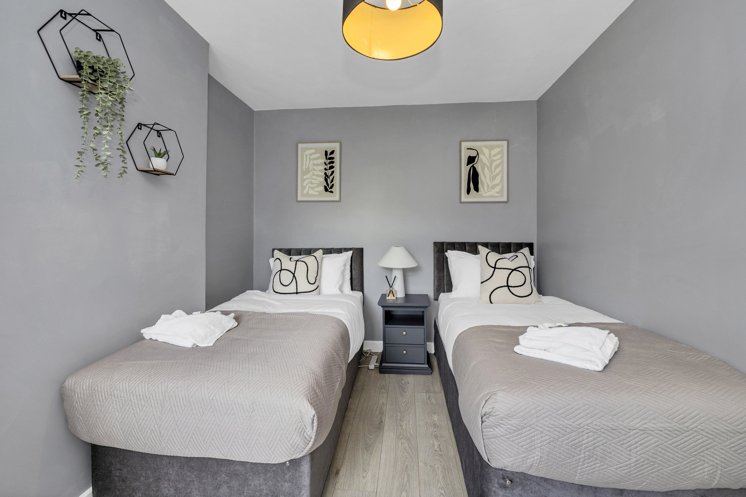 A bedroom with two single beds, each with white bedding and decorative pillows, separated by a nightstand with a lamp. The room has gray walls, framed art above the beds, and wall-mounted plants on the left side.