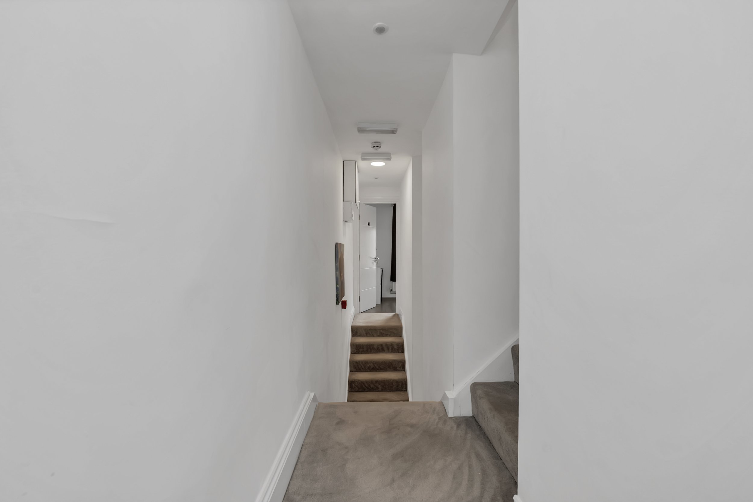 Inside a narrow hallway with white walls, beige carpeted stairs leading up and a door at the end.