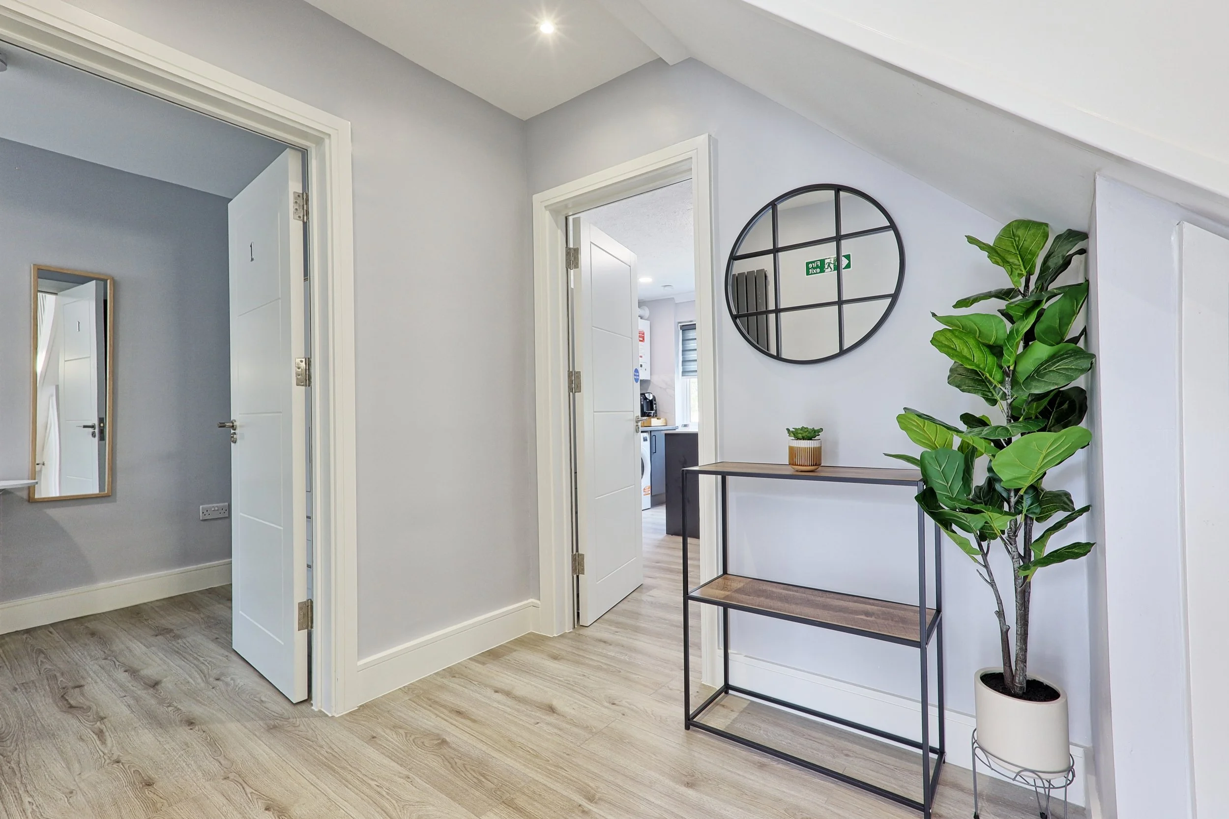 Interior view of a modern apartment or house entryway with light wood flooring, a black metal and wood console table, a potted fiddle leaf fig plant, and a decorative black round wall mirror.