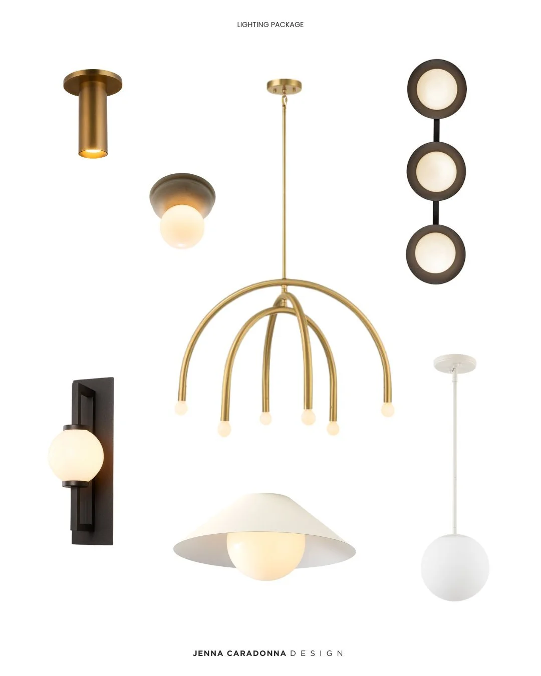 A recent light fixture package for a mid-century modern inspired home in South Austin.

One thing I always do when pulling lighting selections is examine the entire package in one view. Seeing everything together helps me step back and evaluate how t