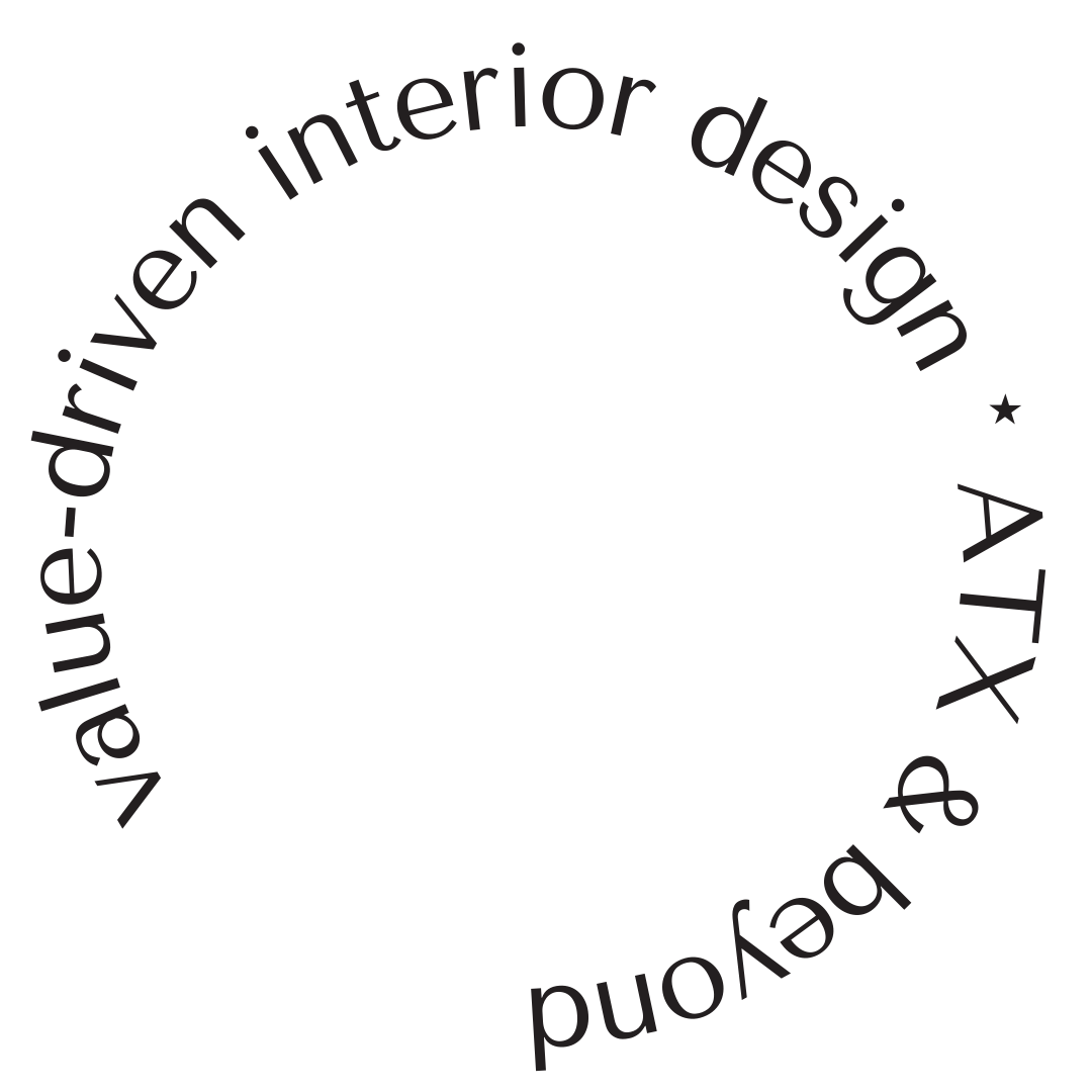 Circular black logo with gray text that reads 'A T X &beyond value-driven interior design' around the edges.