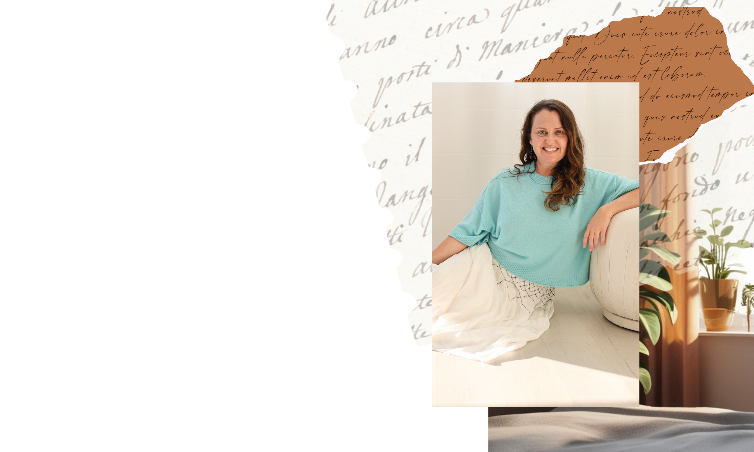 A woman with brown hair wearing a light blue sweater sitting on the floor and smiling.