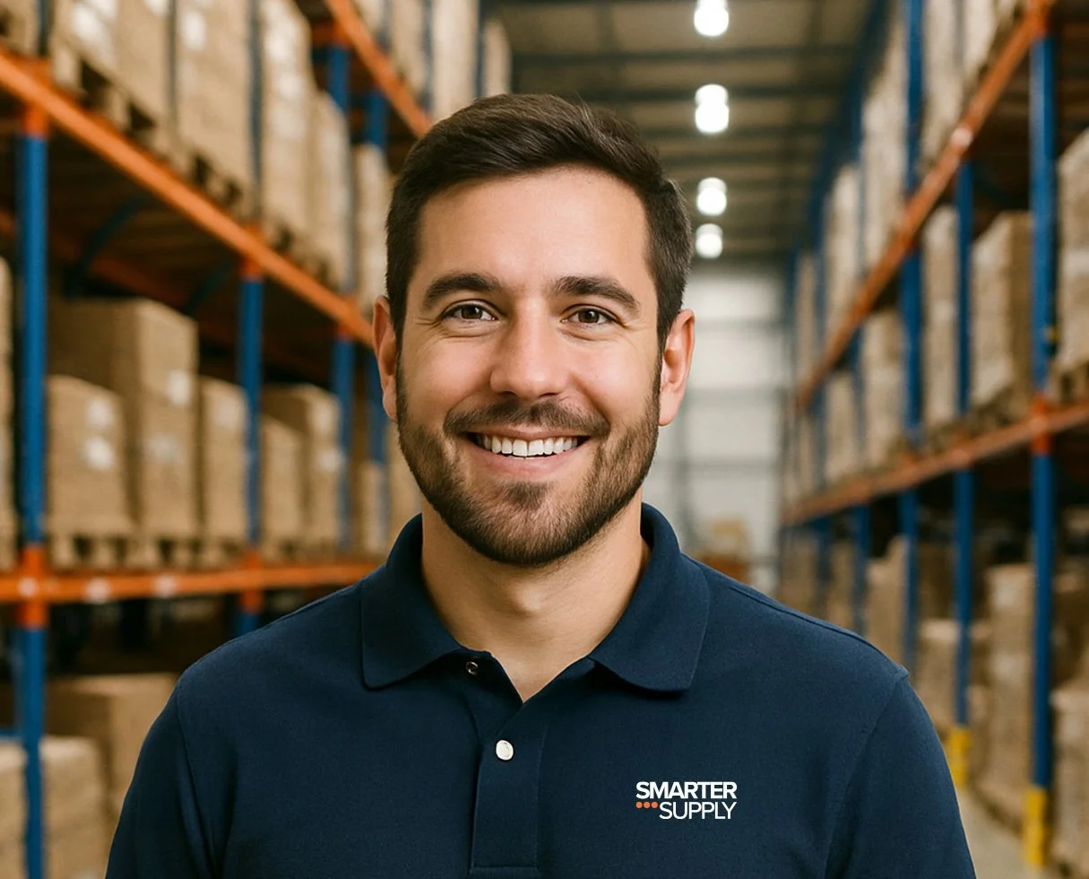 A smiling man in a navy polo shirt with Smarter Supply logo, standing in a warehouse aisle with shelves of boxes.