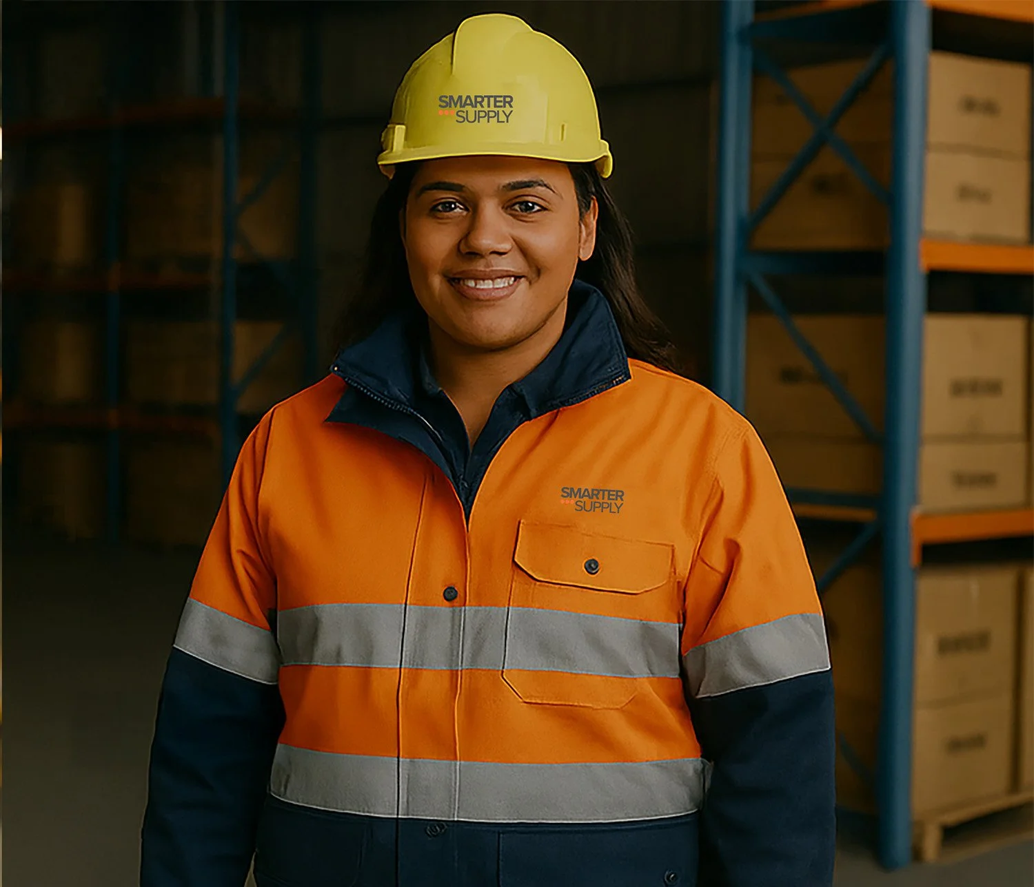 A smiling woman in a yellow safety helmet and orange high-visibility jacket standing in a warehouse with blue shelving and cardboard boxes.