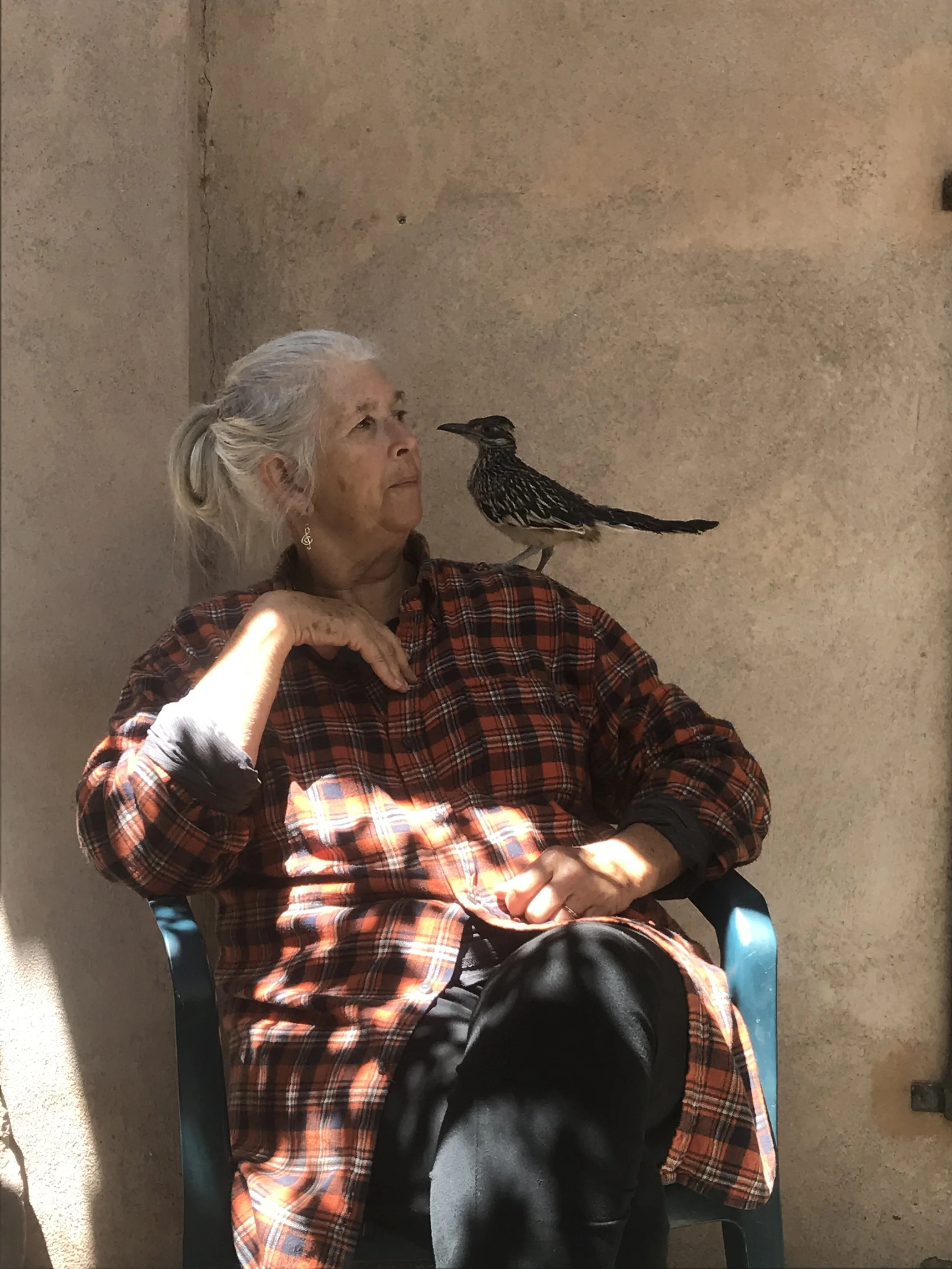 An elderly woman with long gray hair in a ponytail wearing a red and black plaid shirt, sitting on a chair against a beige wall. A bird with black and white streaked feathers is perched on her shoulder.