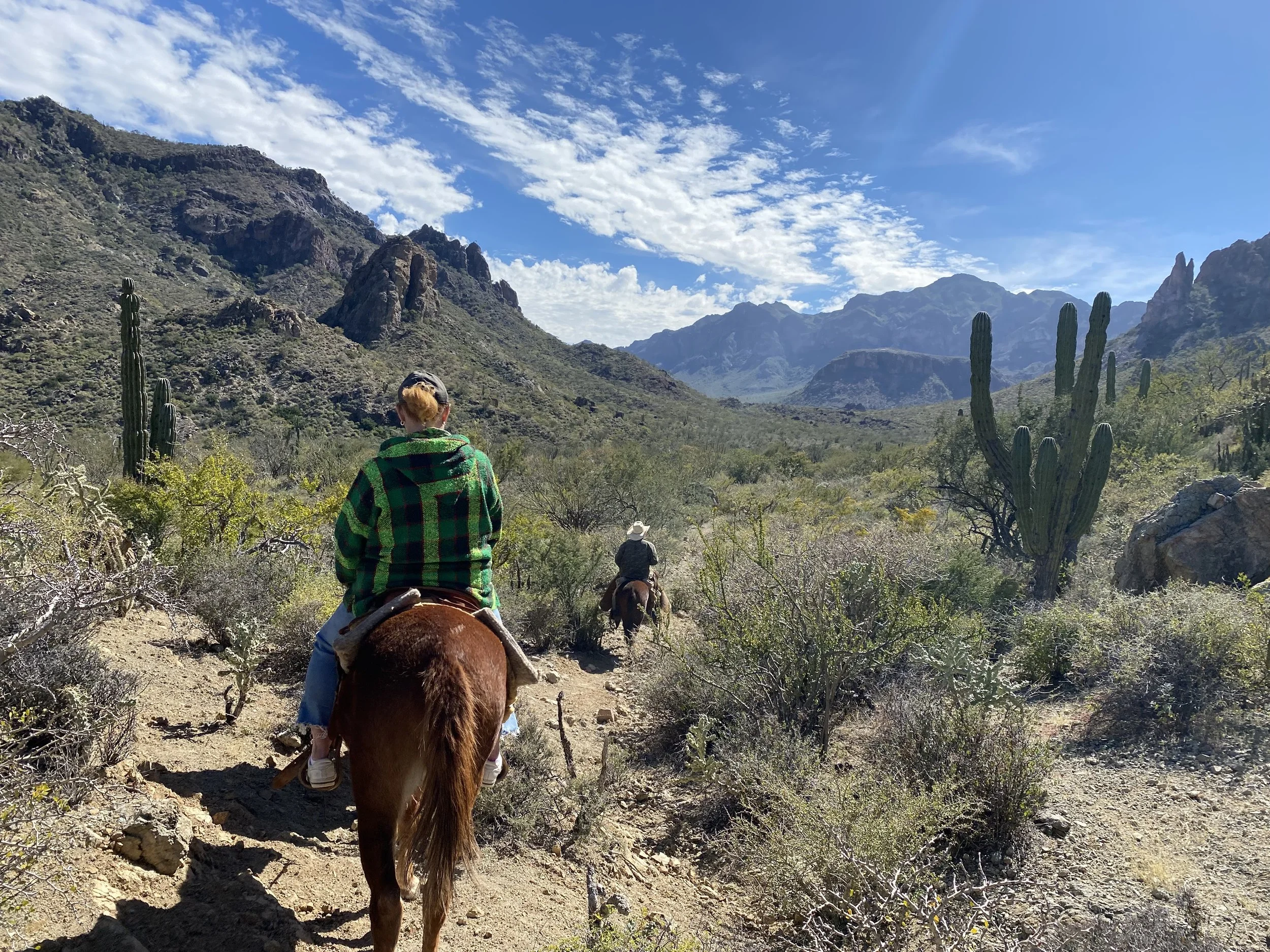 Two people riding horses on a dirt trail through a desert landscape with mountains, cacti, and a partly cloudy sky.