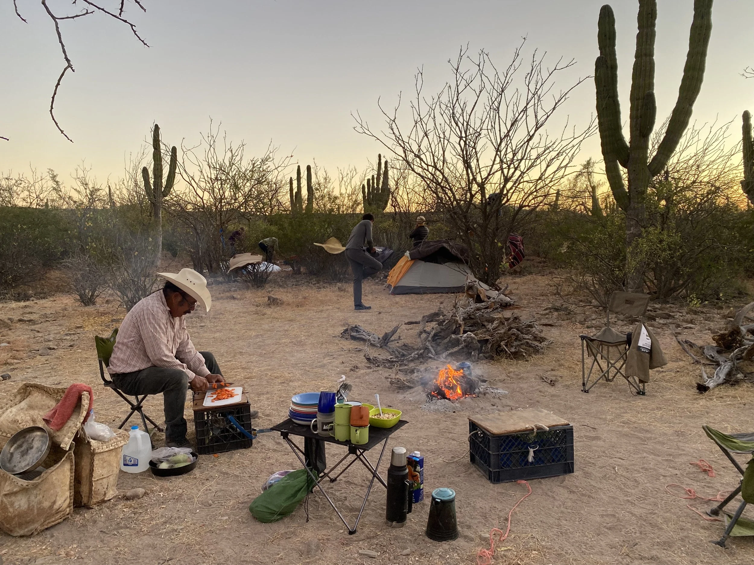 A man sitting on a folding chair chopping vegetables next to camping gear, with a small campfire burning nearby. In the background, three other people are near a tent amidst desert plants and cacti.