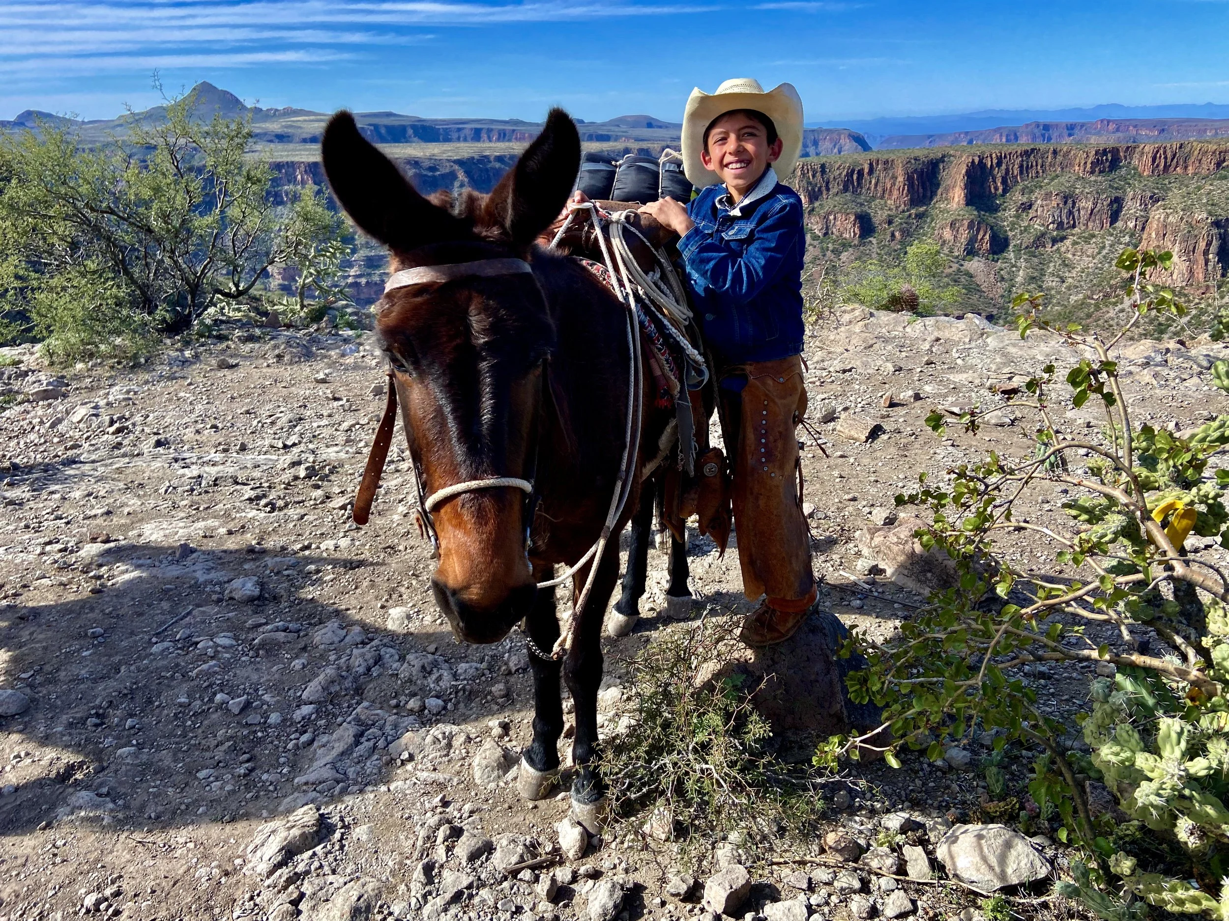 A young boy wearing a cowboy hat and a denim jacket sits on a brown horse in a rocky desert landscape with distant canyon views and sparse green vegetation.
