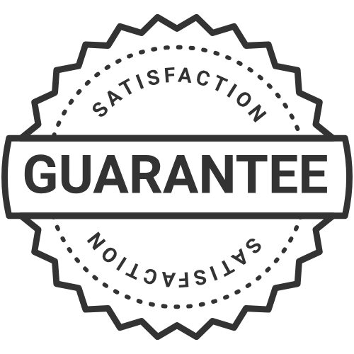 Satisfaction guarantee badge with circular outline and bold text in the center.