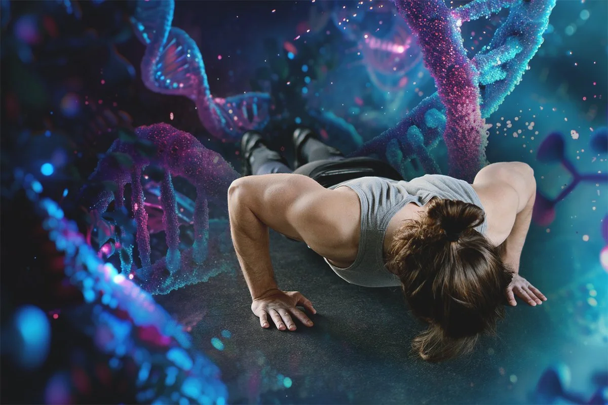 Person doing push-up in front of a digital background of DNA strands.