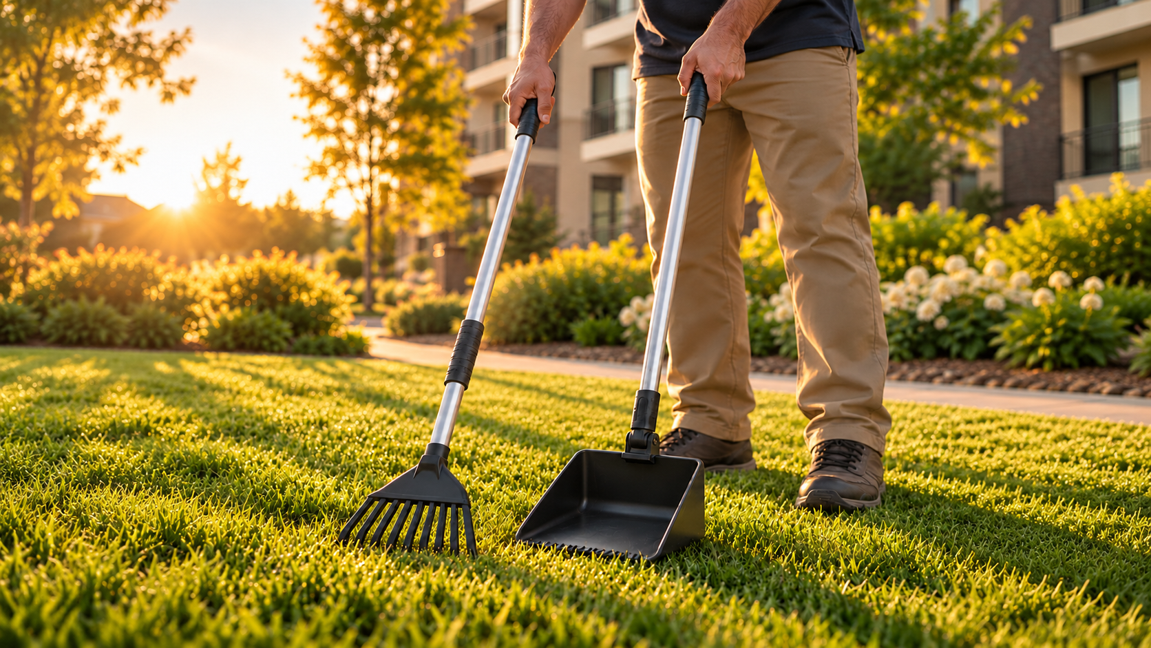 Professional pet waste removal using a rake and collection pan on a landscaped property
