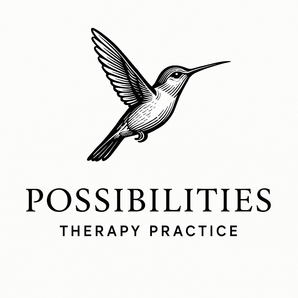Illustration of a hummingbird above the words 'Possibilities Therapy Practice' in black text.